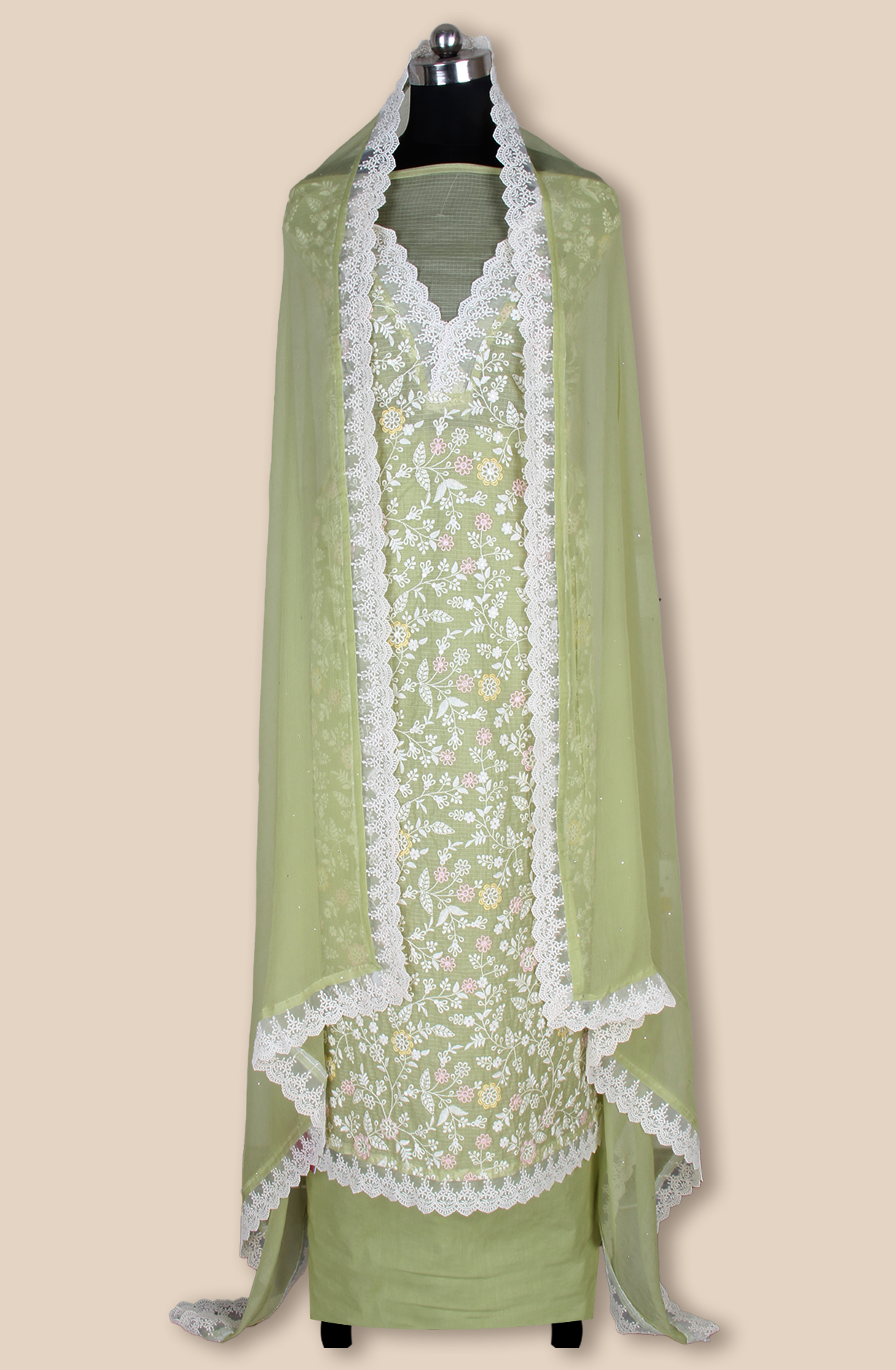 Green Kota Beautiful Unstitched Embroidered Suit with Chiffon Dupatta - 984-FMNK-SBEF-B