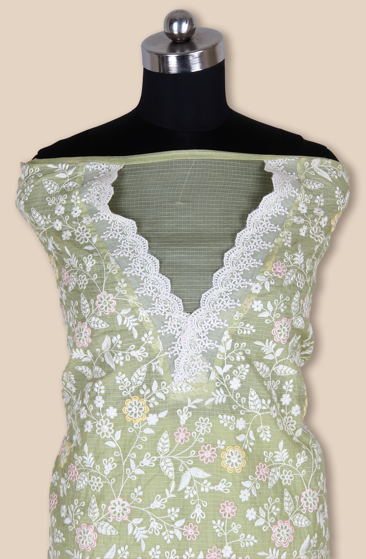 Green Kota Beautiful Unstitched Embroidered Suit with Chiffon Dupatta - 984-FMNK-SBEF-B