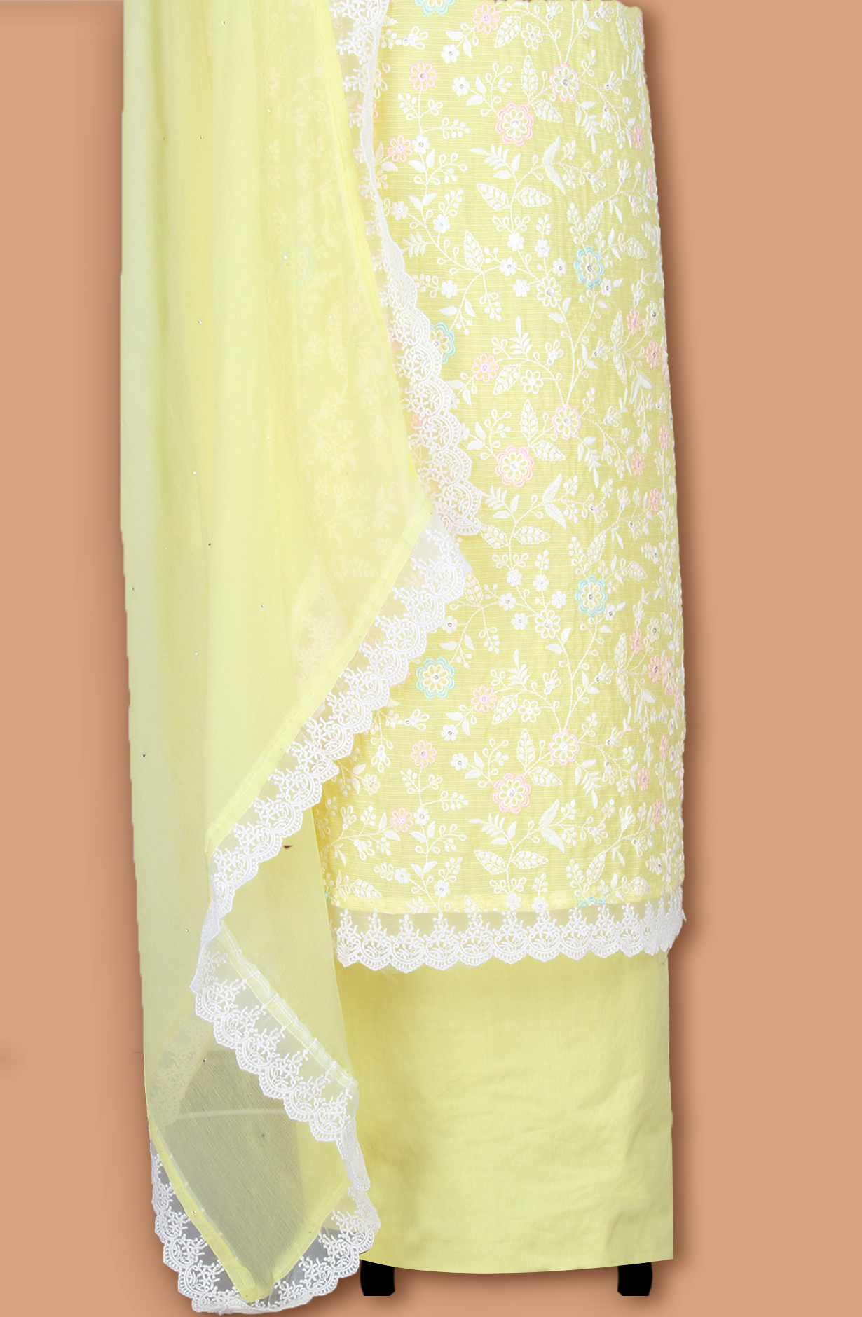 Yellow Kota Beautiful Unstitched Embroidered Suit with Chiffon Dupatta - 984-FMNK-SBEF