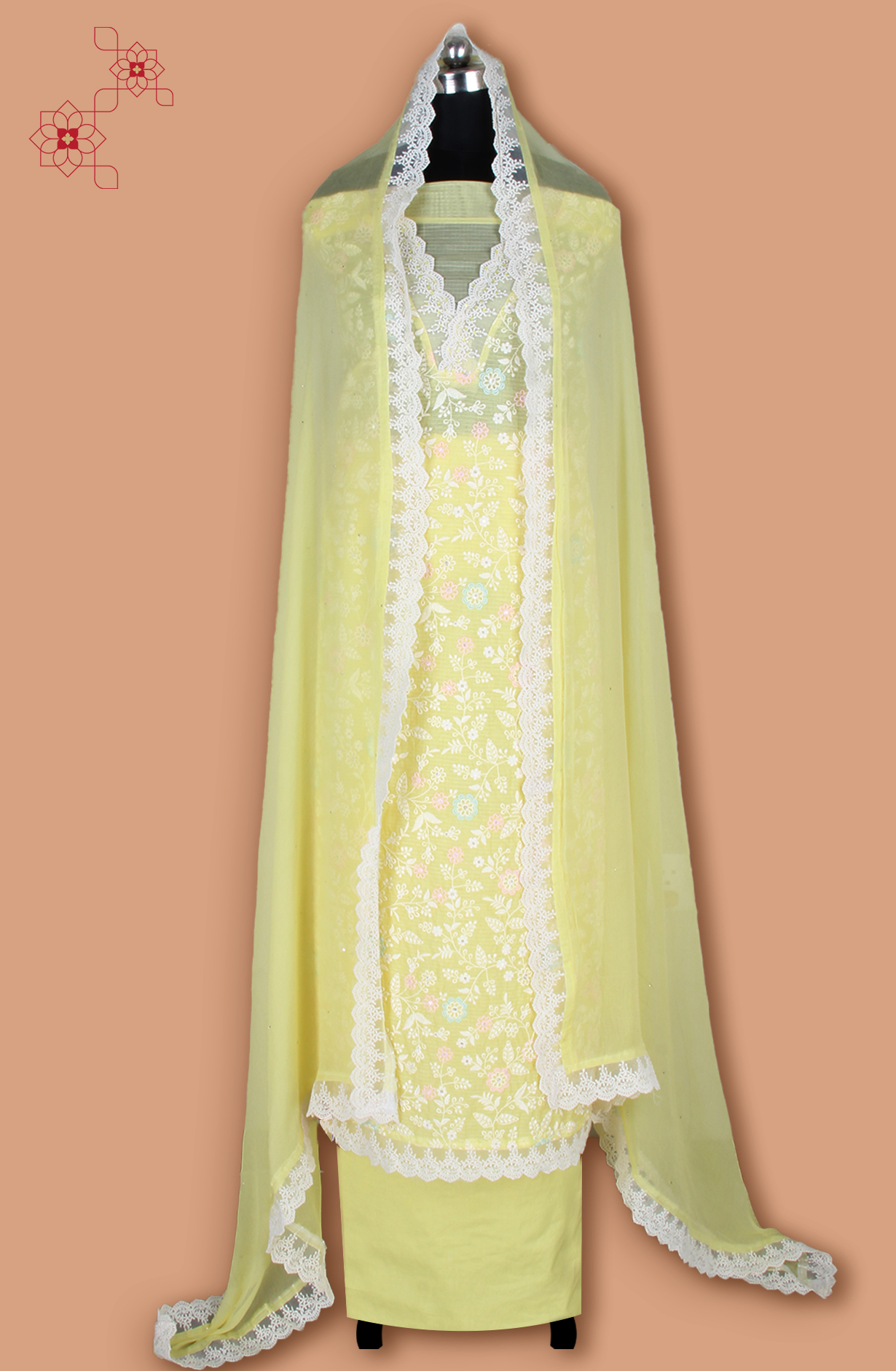 Yellow Kota Beautiful Unstitched Embroidered Suit with Chiffon Dupatta - 984-FMNK-SBEF