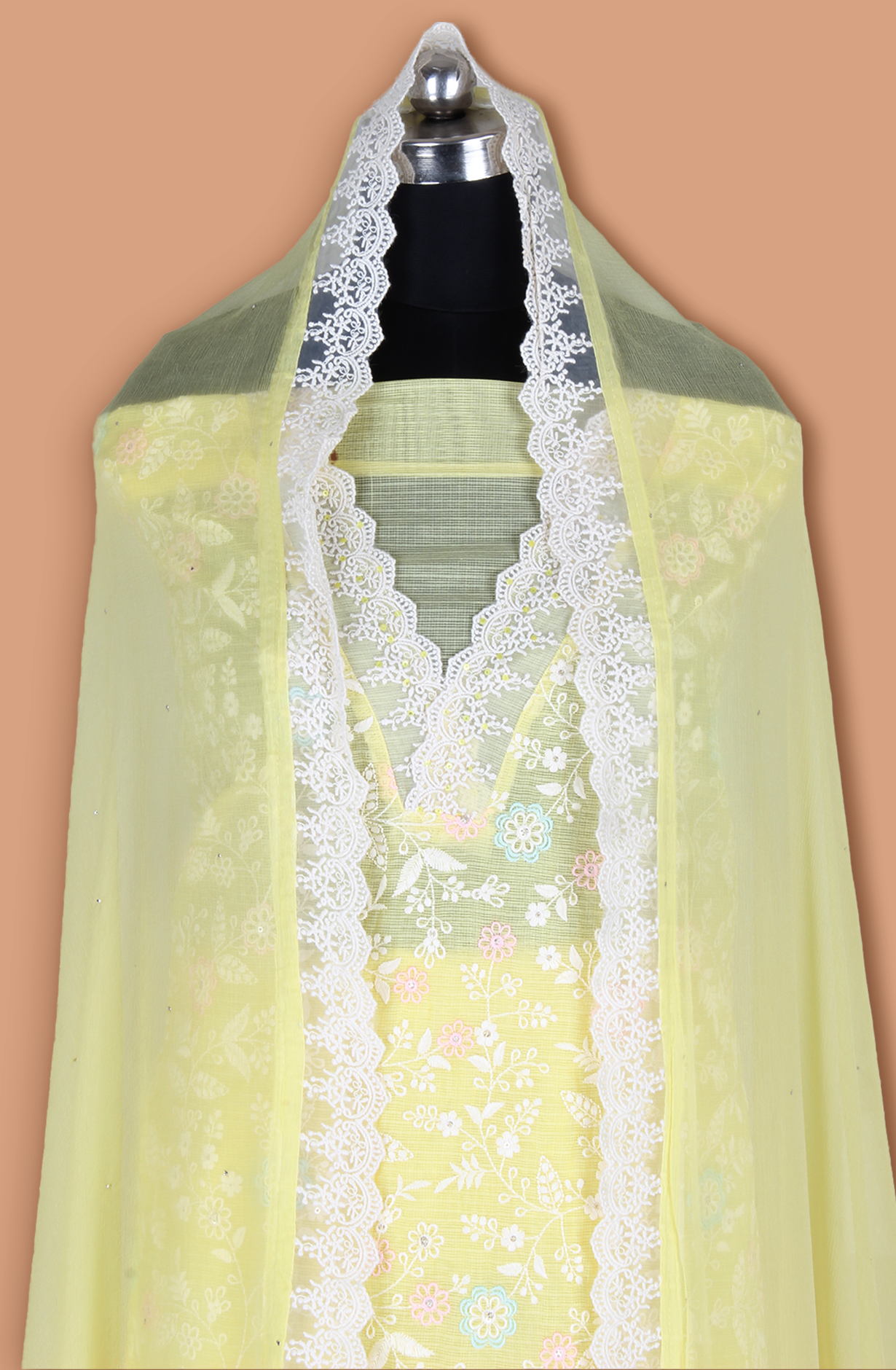 Yellow Kota Beautiful Unstitched Embroidered Suit with Chiffon Dupatta - 984-FMNK-SBEF