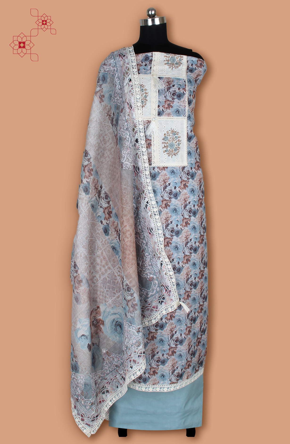 Multicolor Linen Unstitched Printed Suit with Lace Work - 984-FMNK-SSBP-B