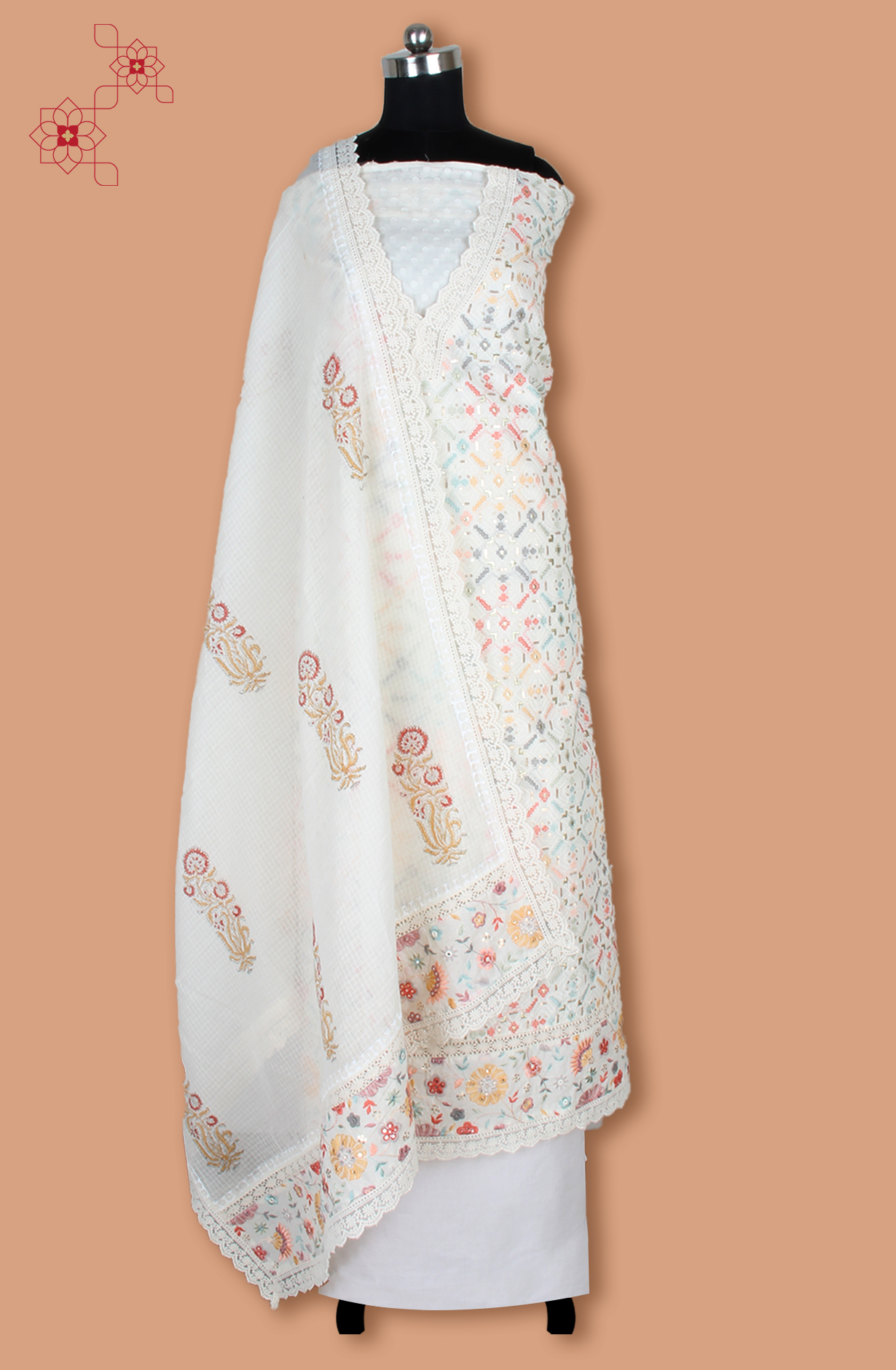 Off-white Cotton Unstitched Embroidered Salwar Kameez Dupatta - 984-FMNK-SSFC