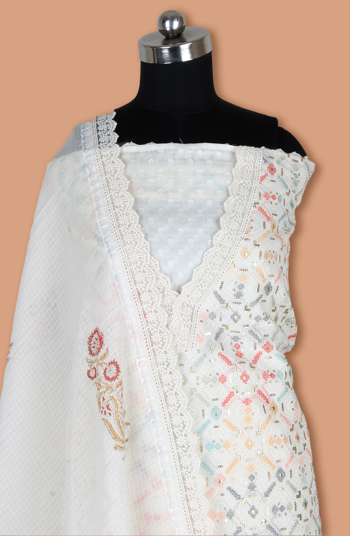 Off-white Cotton Unstitched Embroidered Salwar Kameez Dupatta - 984-FMNK-SSFC