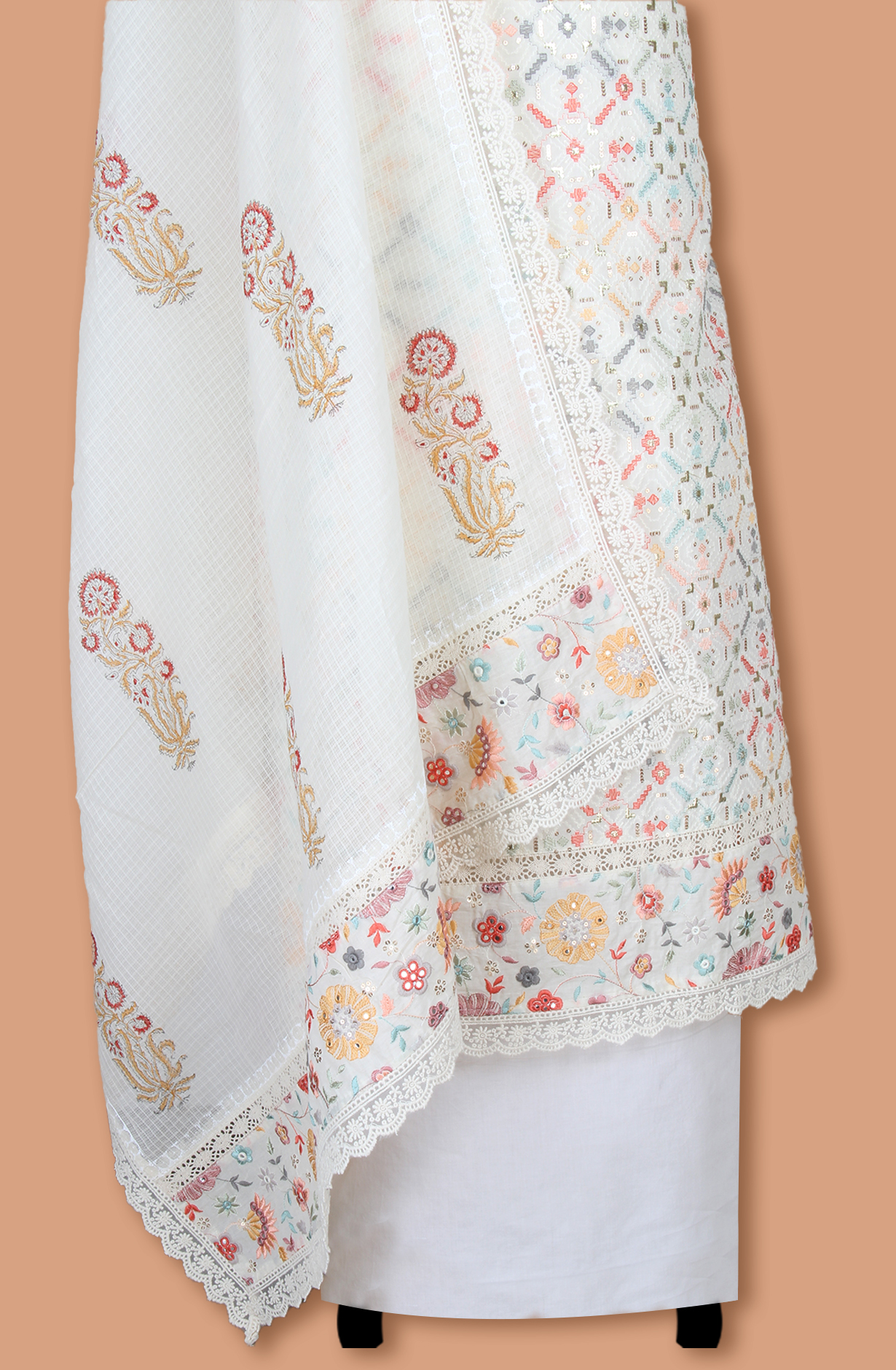 Off-white Cotton Unstitched Embroidered Salwar Kameez Dupatta - 984-FMNK-SSFC