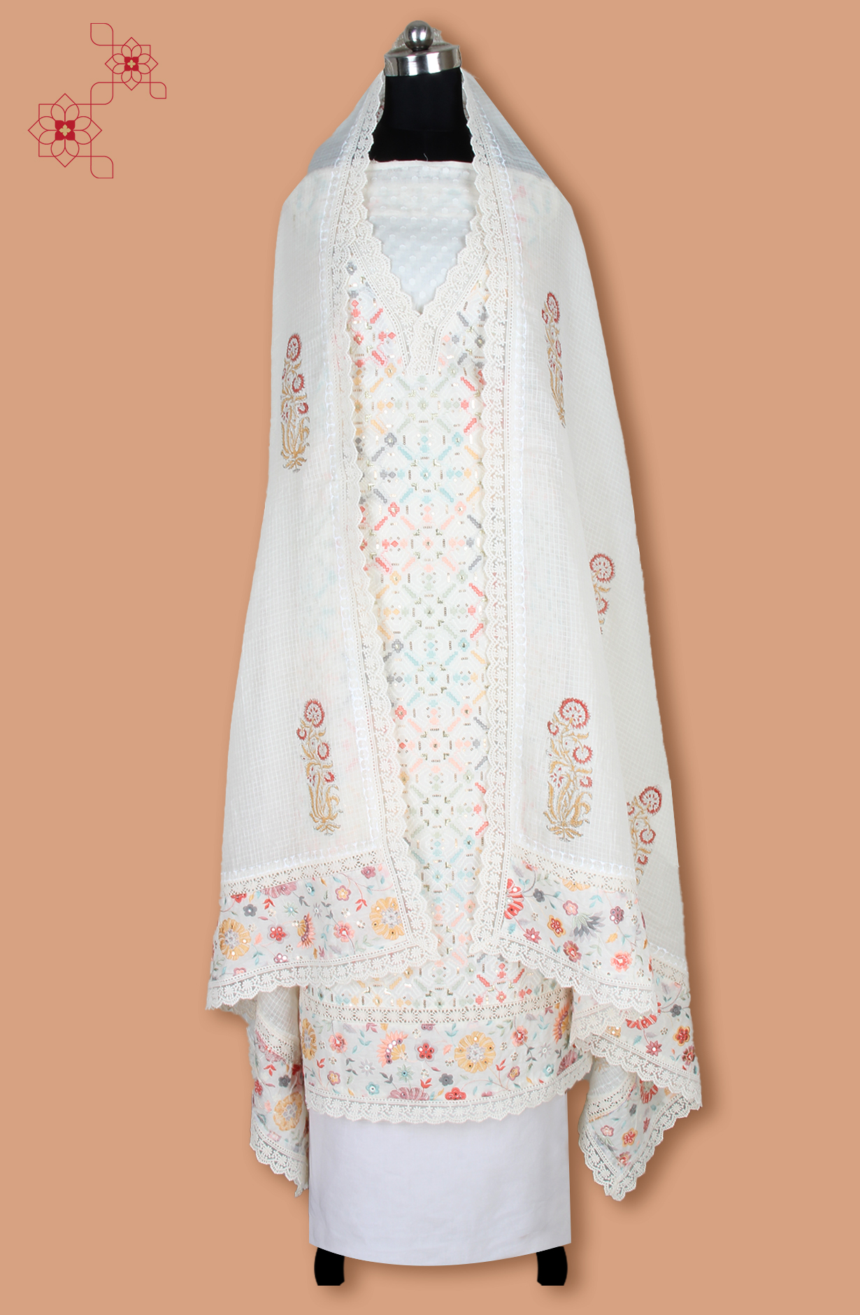 Off-white Cotton Unstitched Embroidered Salwar Kameez Dupatta - 984-FMNK-SSFC