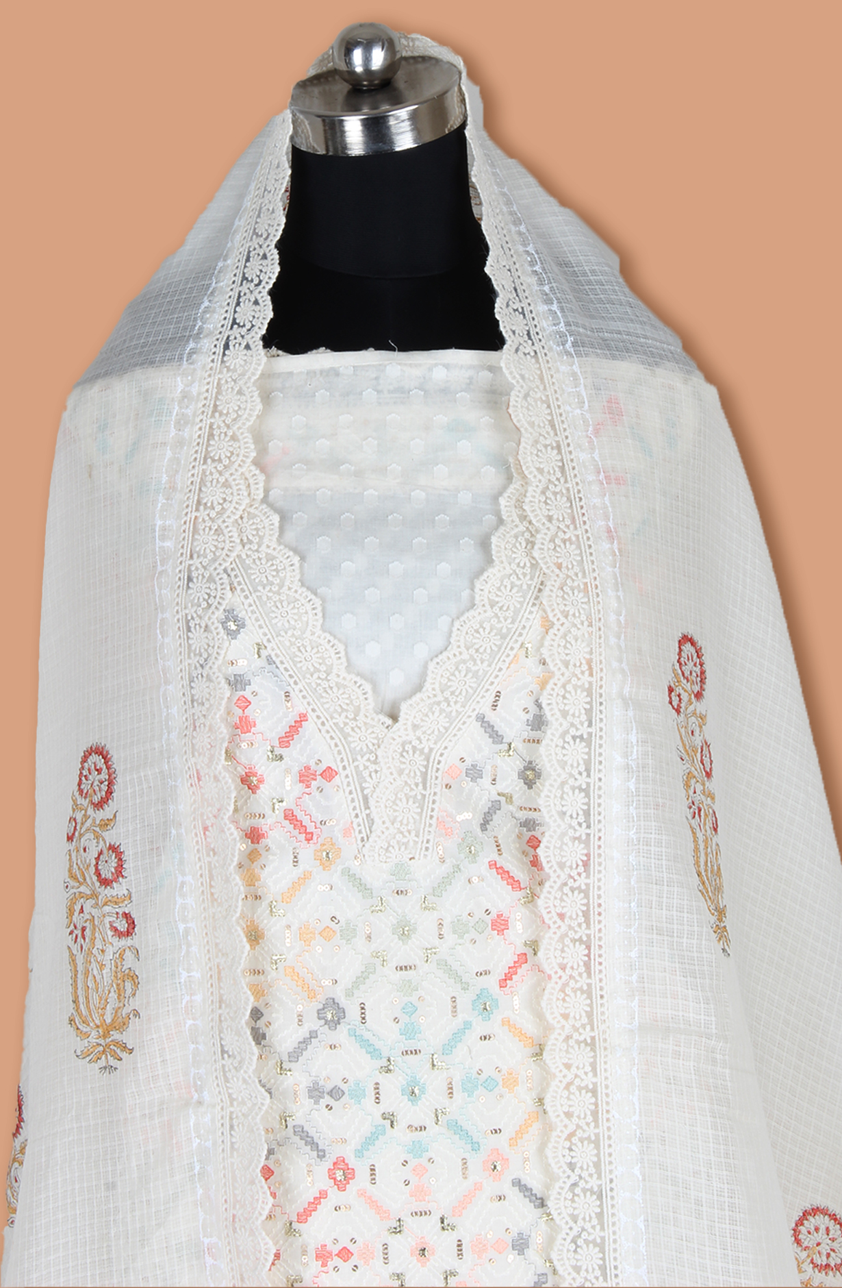 Off-white Cotton Unstitched Embroidered Salwar Kameez Dupatta - 984-FMNK-SSFC