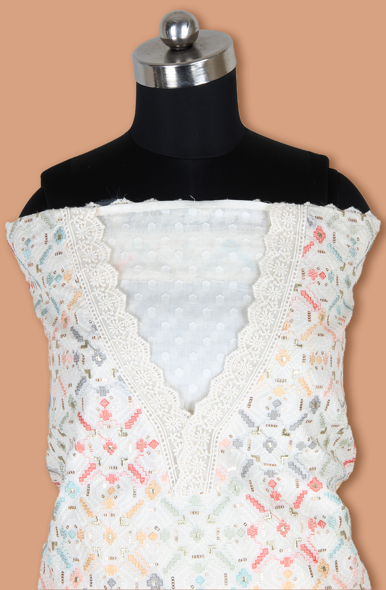 Off-white Cotton Unstitched Embroidered Salwar Kameez Dupatta - 984-FMNK-SSFC