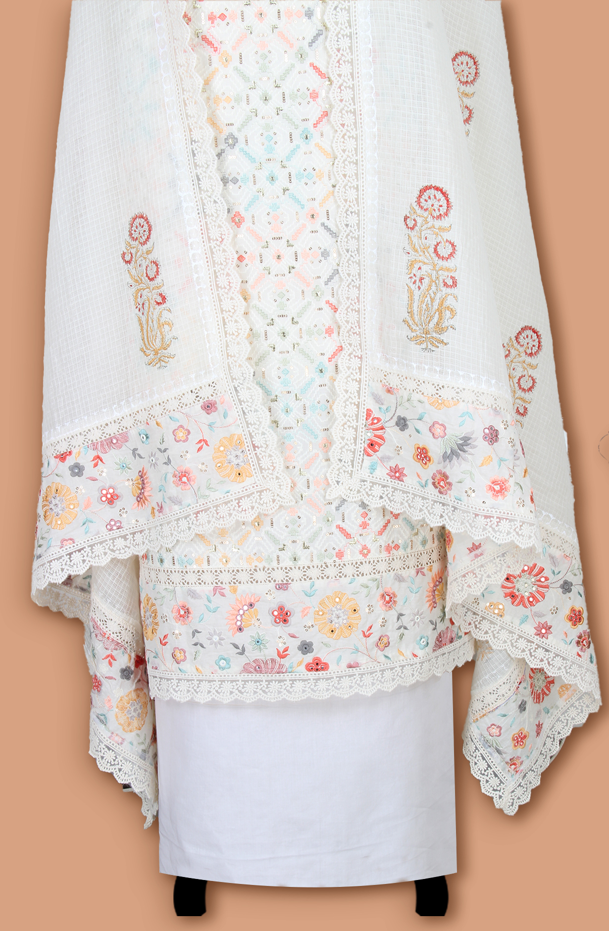 Off-white Cotton Unstitched Embroidered Salwar Kameez Dupatta - 984-FMNK-SSFC