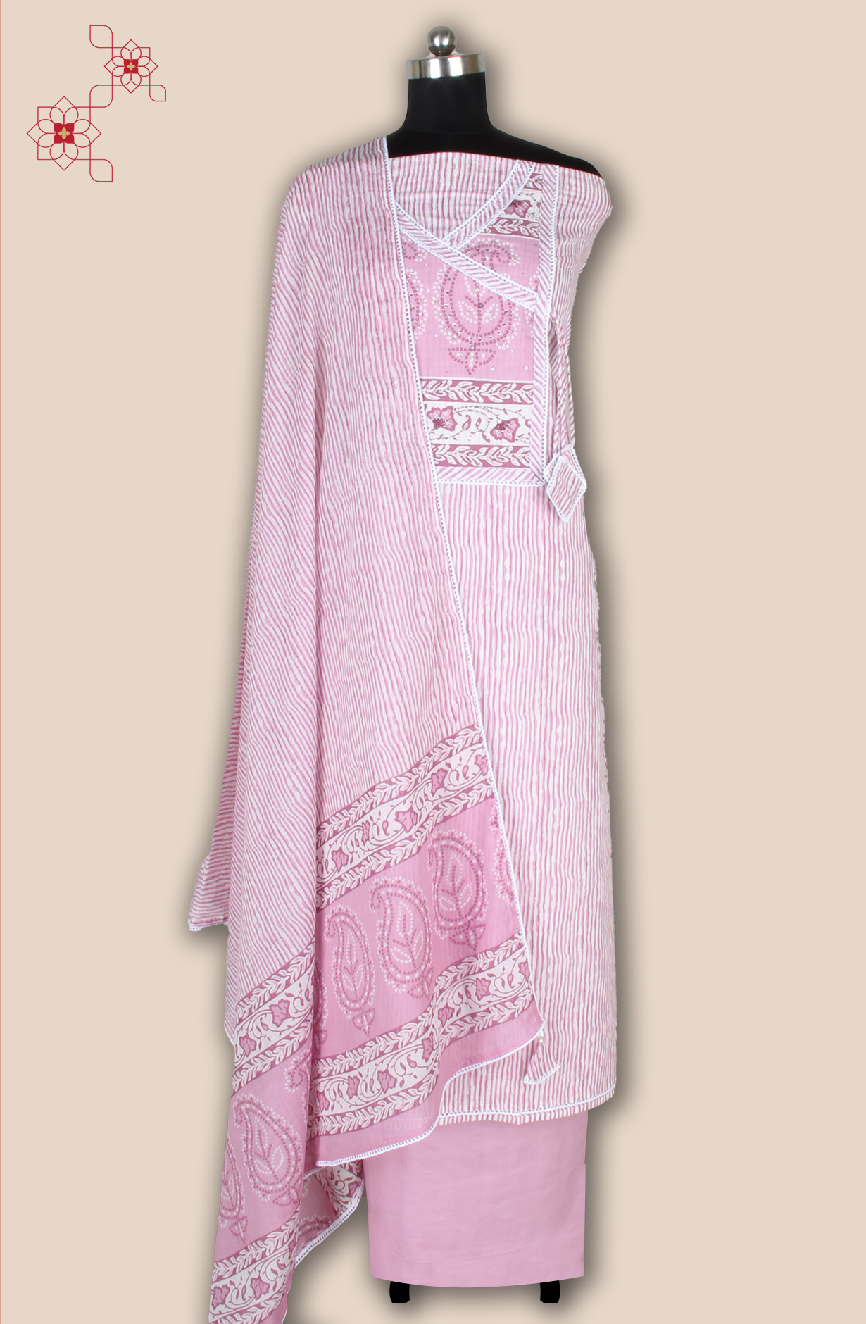 Baby Pink Printed Unstitched Salwar Suit with Lace Work - 984-FMNK-SSNCC