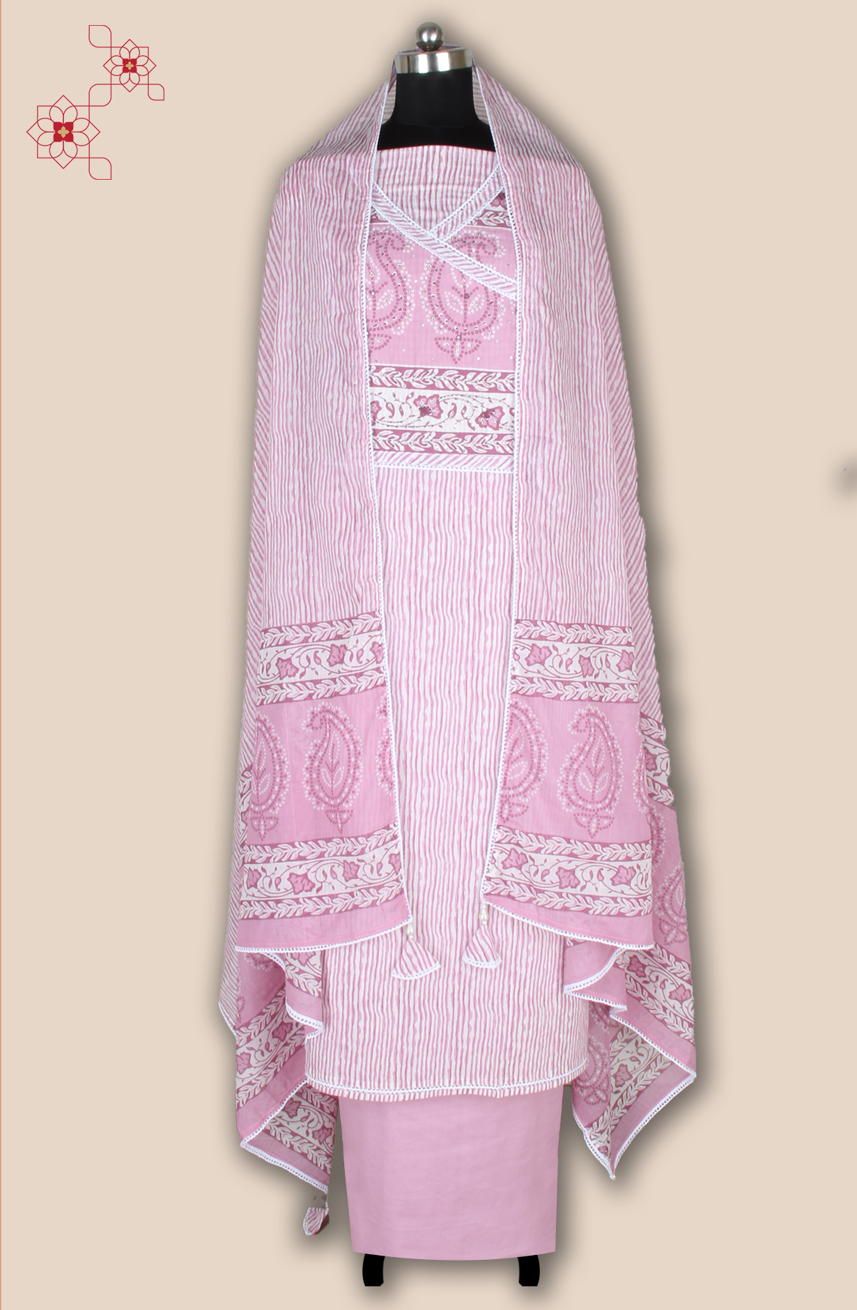 Baby Pink Printed Unstitched Salwar Suit with Lace Work - 984-FMNK-SSNCC