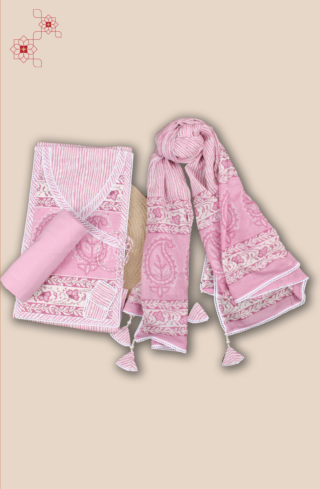 Baby Pink Printed Unstitched Salwar Suit with Lace Work - 984-FMNK-SSNCC