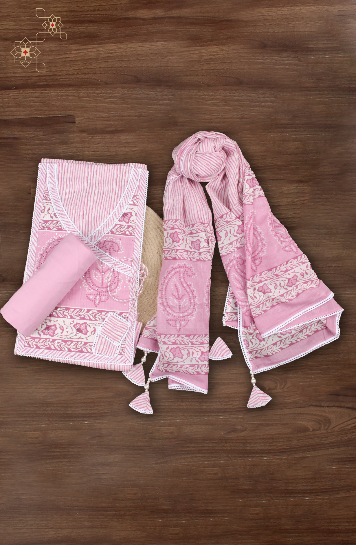 Baby Pink Printed Unstitched Salwar Suit with Lace Work - 984-FMNK-SSNCC