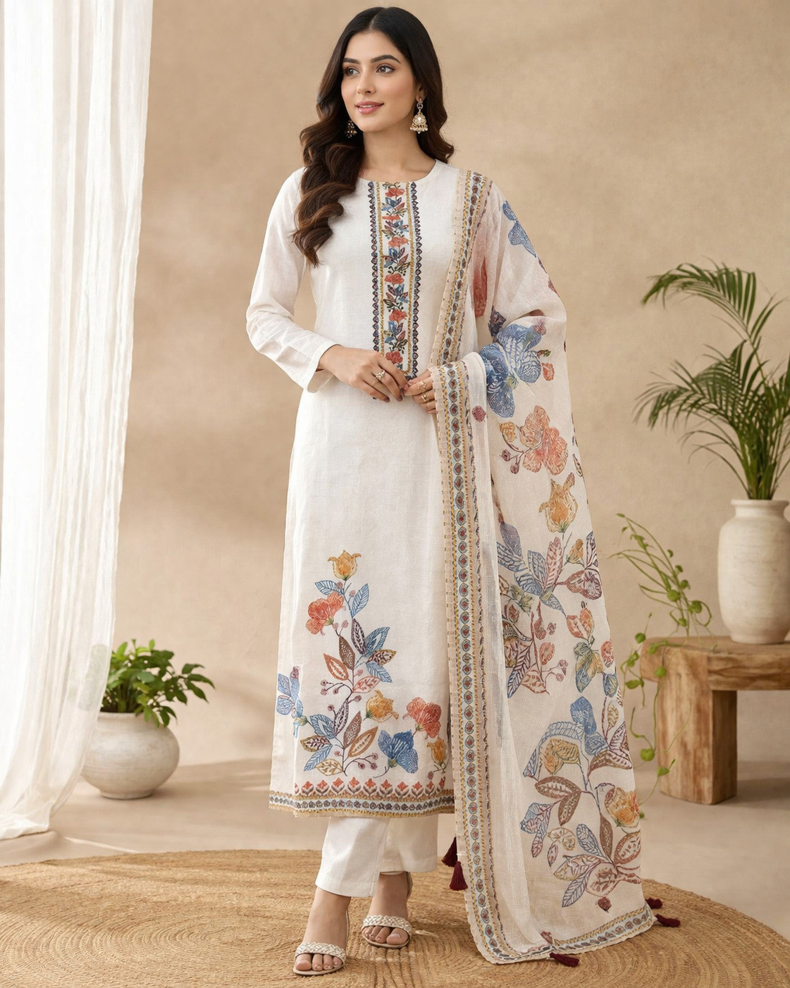 White Cotton linen Beautiful Suit Set with Dupatta - 984-FMOFVK86