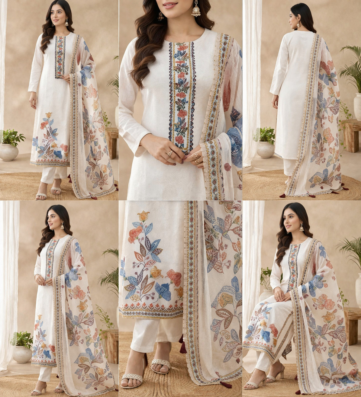 White Cotton linen Beautiful Suit Set with Dupatta - 984-FMOFVK86