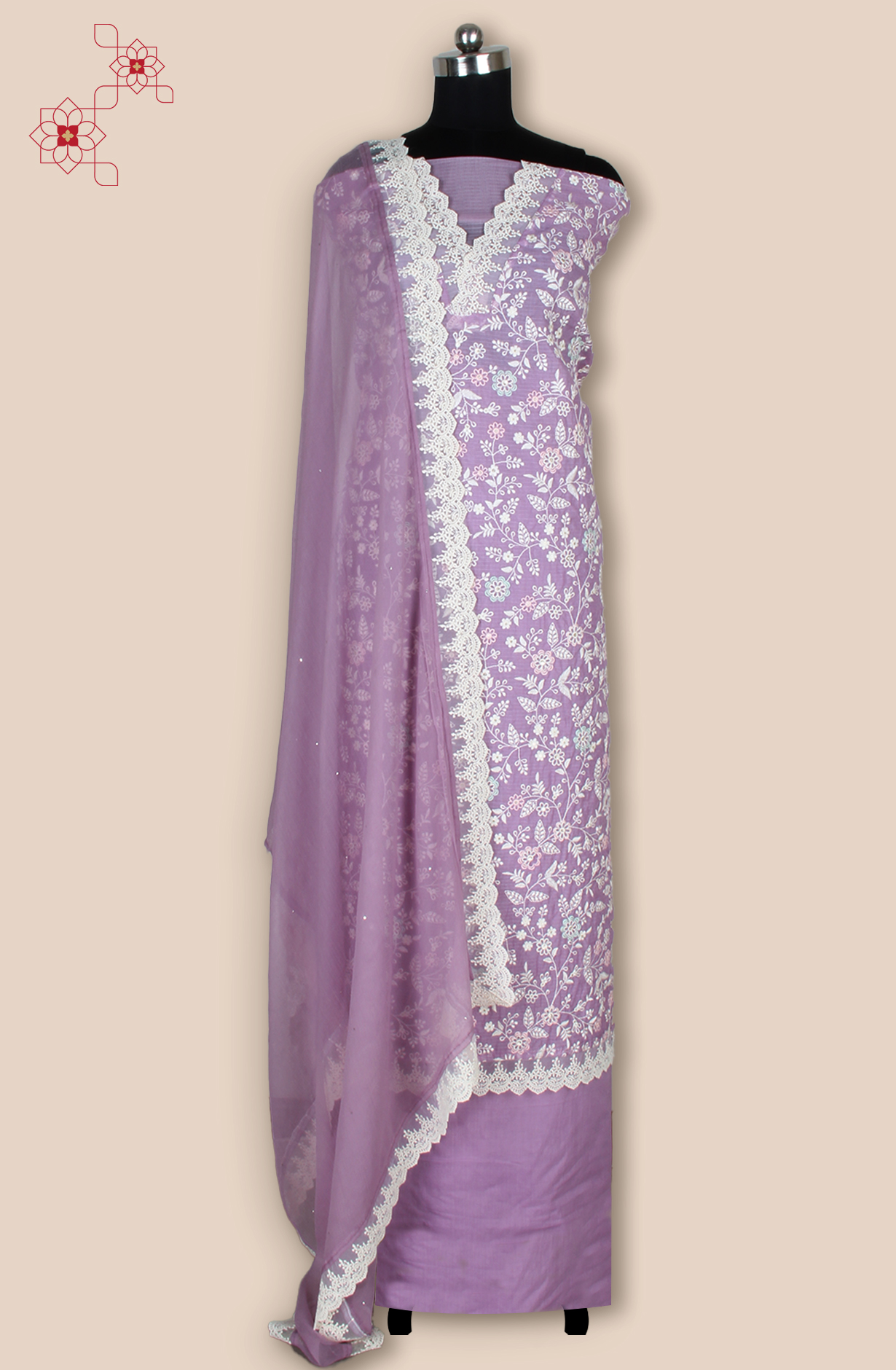 Purple Kota Beautiful Unstitched Embroidered Suit with Chiffon Dupatta - 984-FMNK-SBEF-C