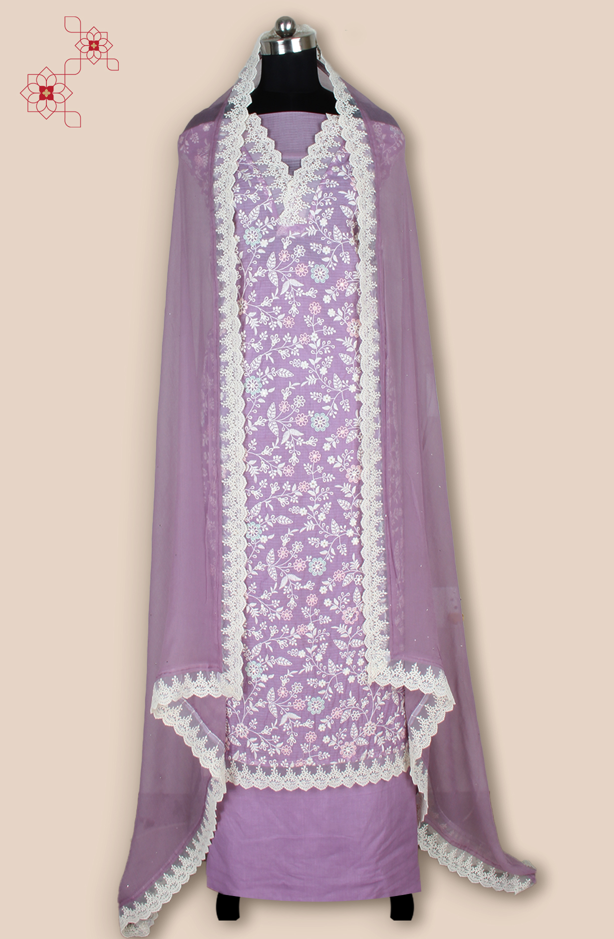 Purple Kota Beautiful Unstitched Embroidered Suit with Chiffon Dupatta - 984-FMNK-SBEF-C