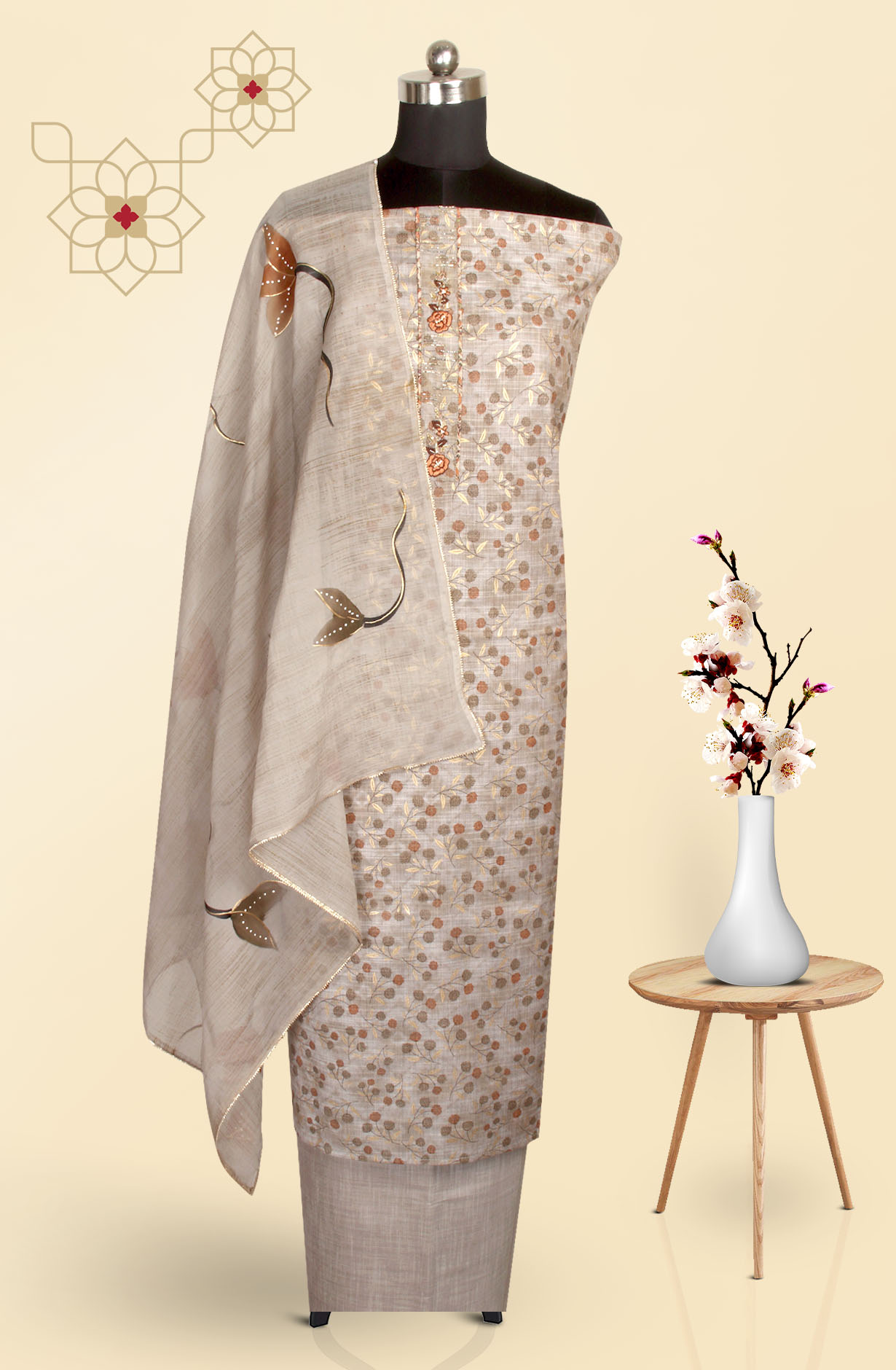 Grey Modal Suit-set with Beautiful Organza Dupatta - 984-RGVJ5067
