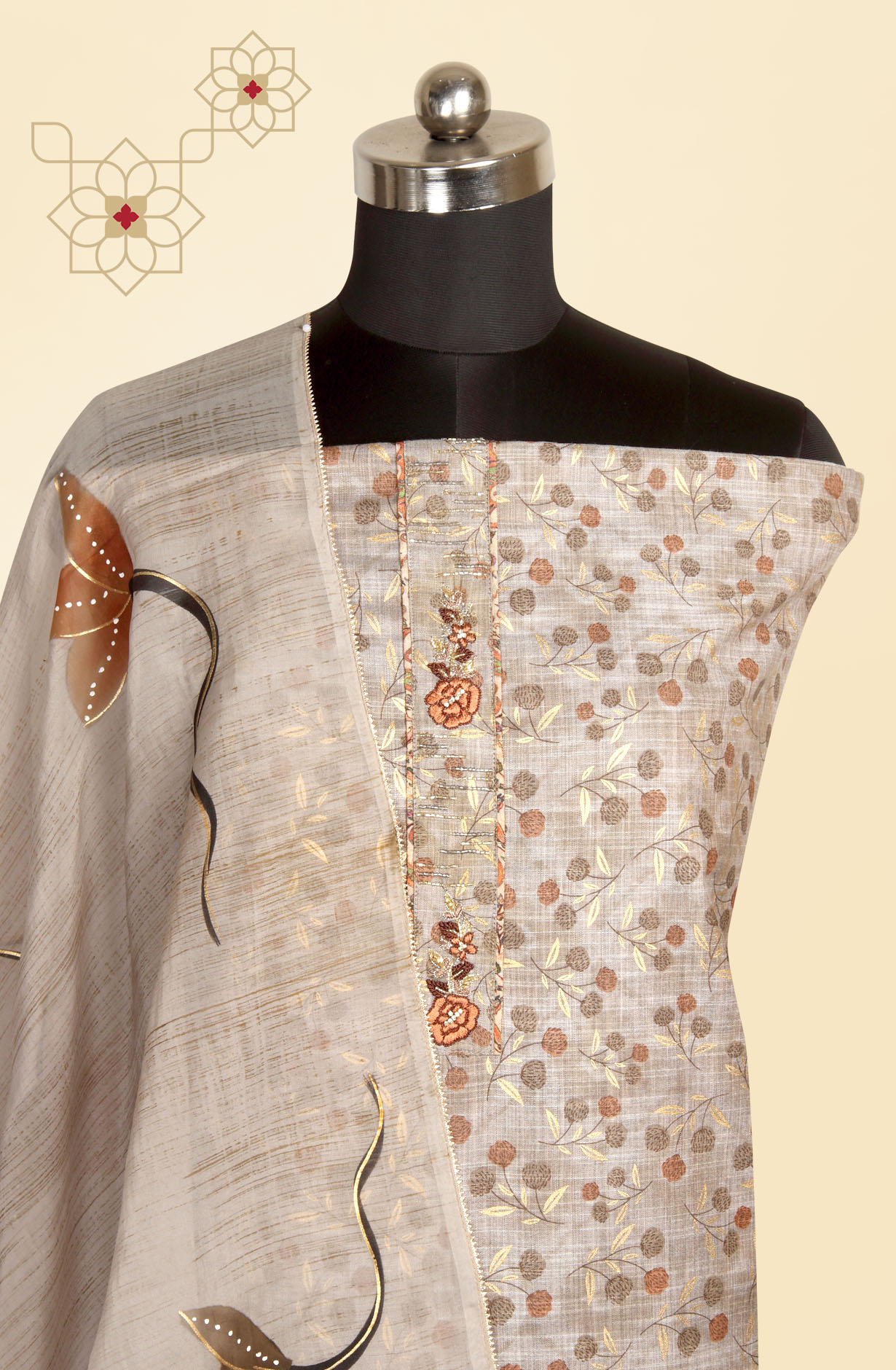 Grey Modal Suit-set with Beautiful Organza Dupatta - 984-RGVJ5067