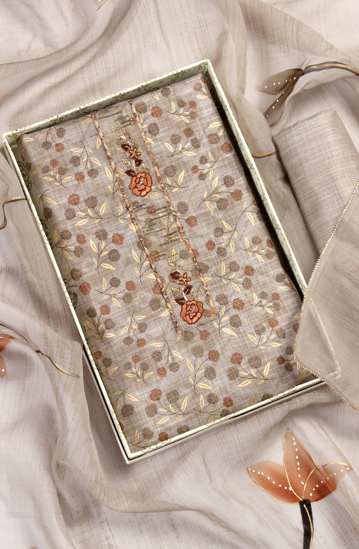 Grey Modal Suit-set with Beautiful Organza Dupatta - 984-RGVJ5067