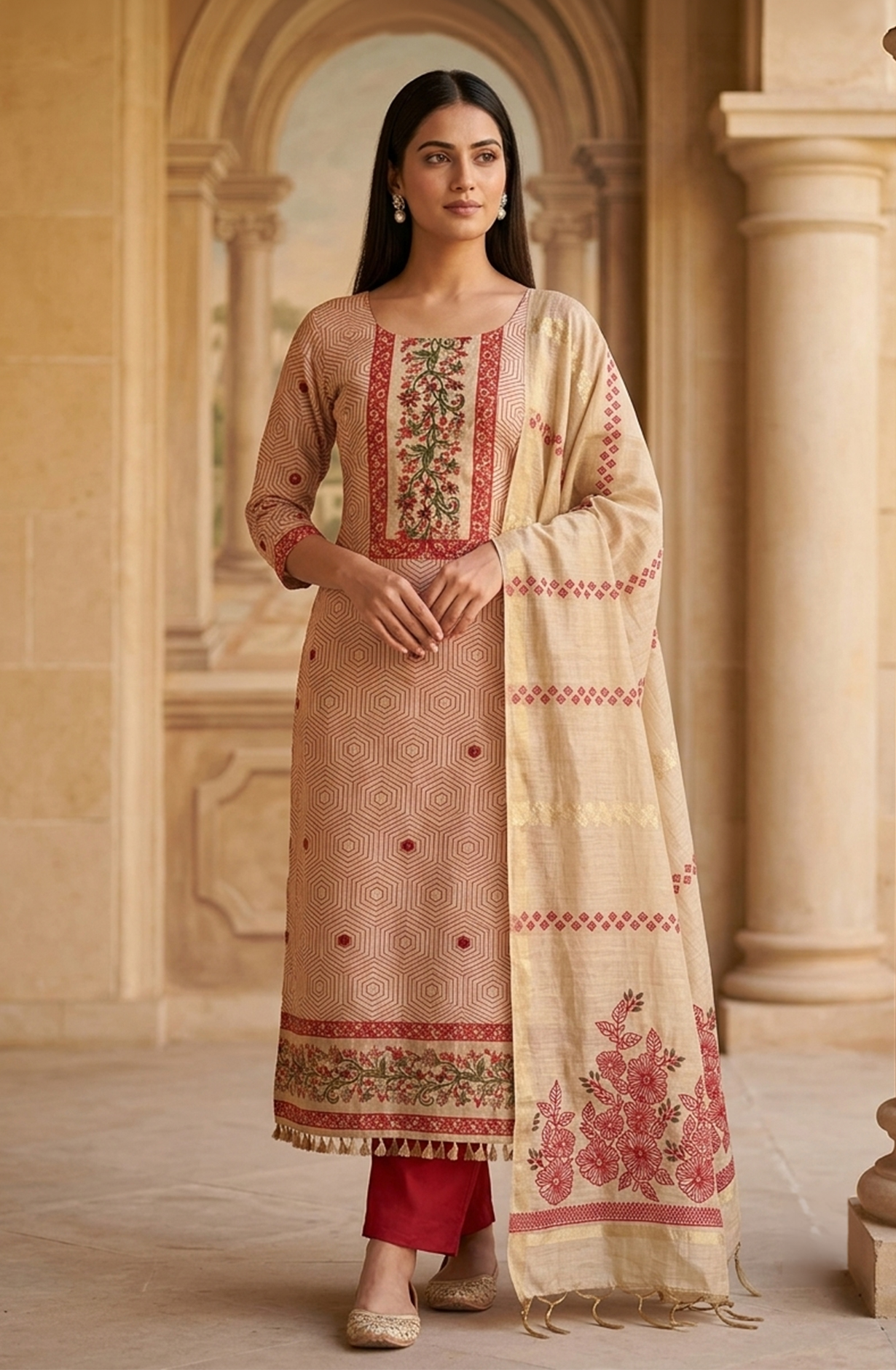 Red Chanderi Unstitched Suit Set with Beautiful Dupatta - 985-KFS120C