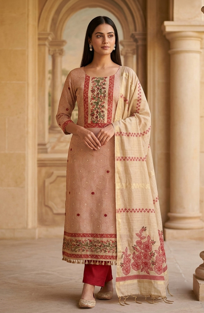 Image of Red Chanderi Unstitched Suit Set with Beautiful Dupatta - 985-KFS120C