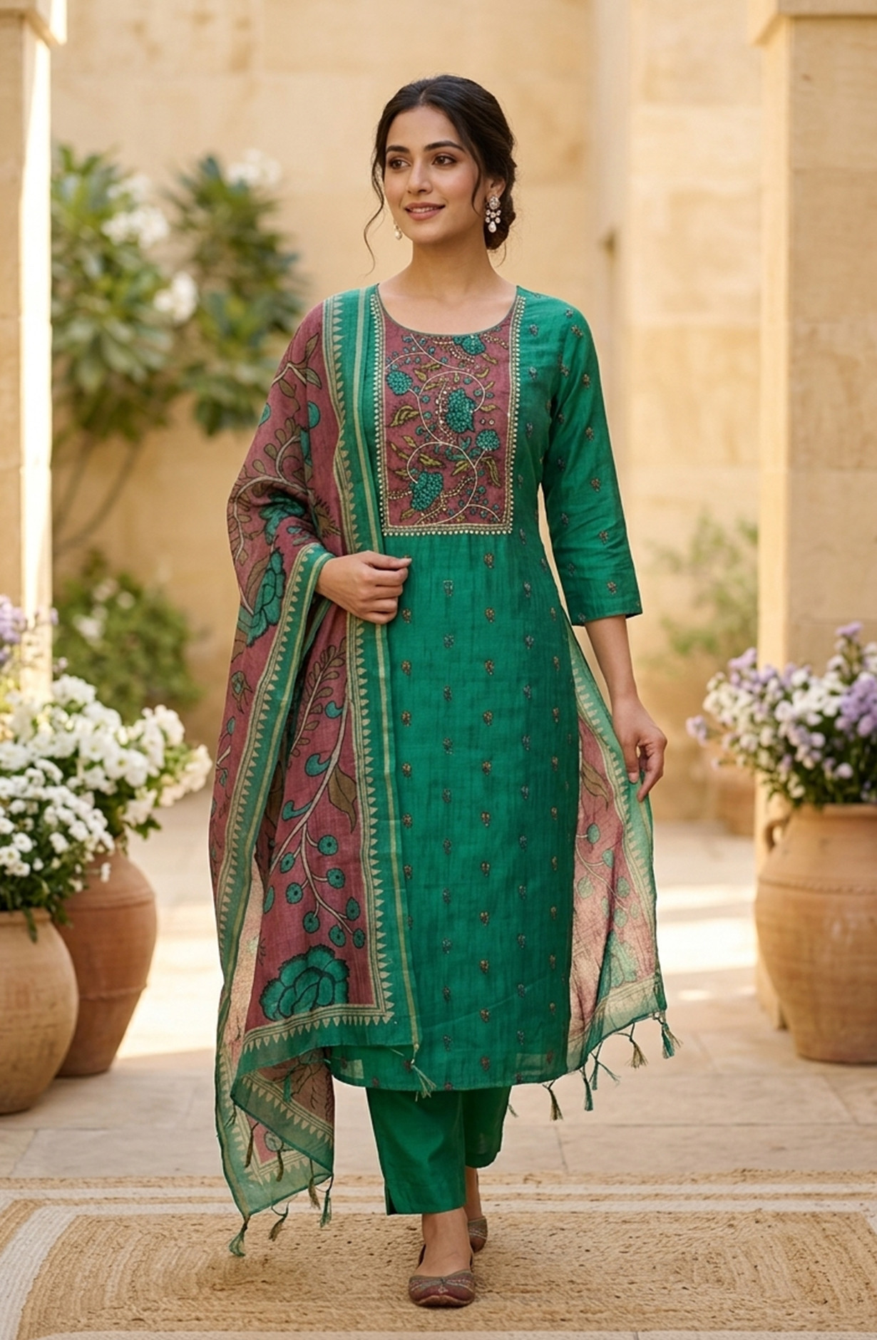 Green Chanderi Unstitched Suit Set with Beautiful Dupatta - 985-VTA146