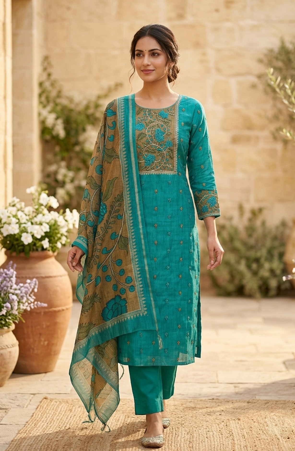 Teal Chanderi Unstitched Suit Set with Beautiful Dupatta - 985-VTA146B