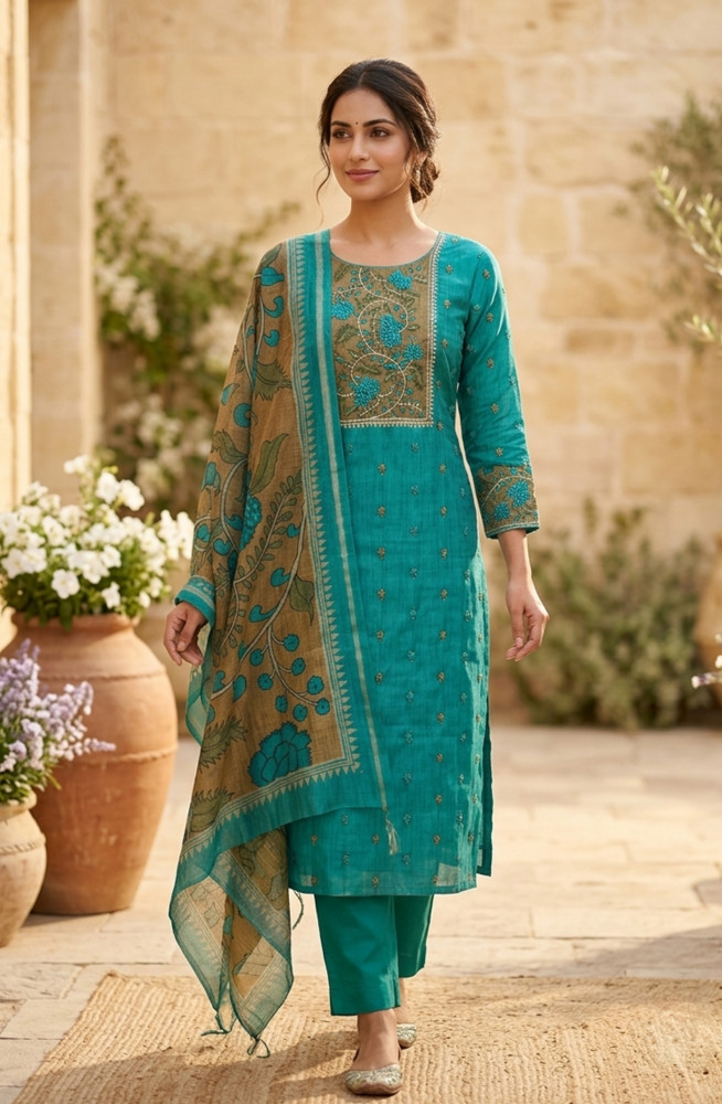 Image of Teal Chanderi Unstitched Suit Set with Beautiful Dupatta - 985-VTA146B