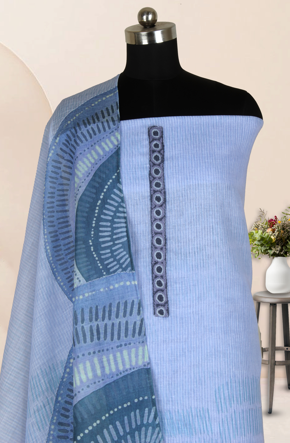 Pastel Blue Linen Salwar Suit with Trendy Dupatta - 986-KFS212