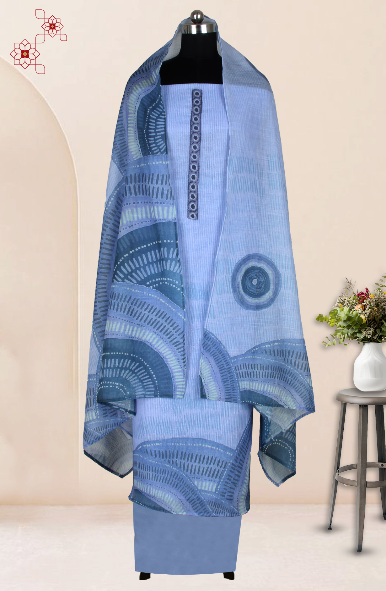 Pastel Blue Linen Salwar Suit with Trendy Dupatta - 986-KFS212