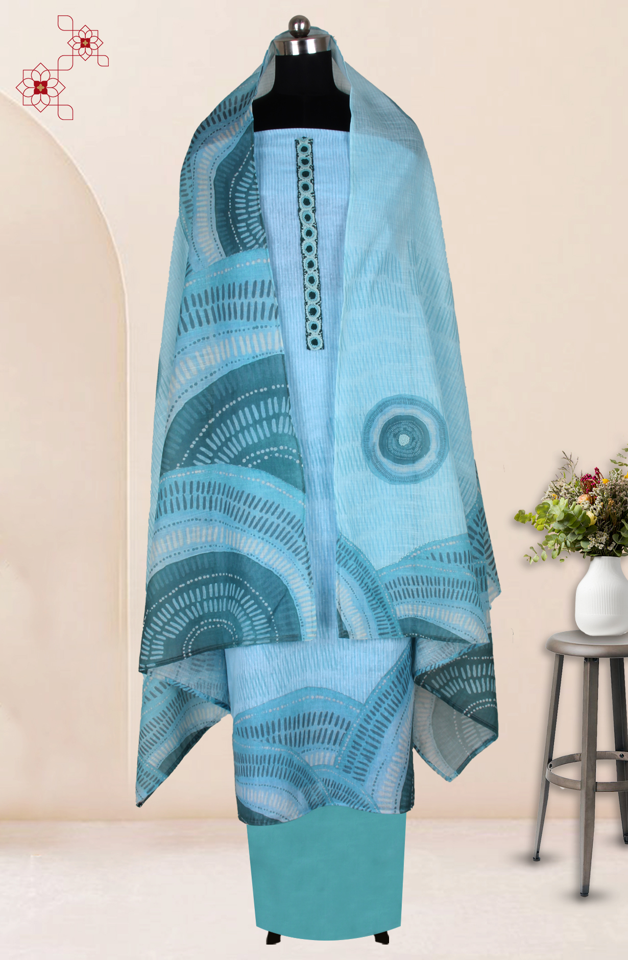 Sea Green Linen Salwar Suit with Trendy Dupatta - 986-KFS212B