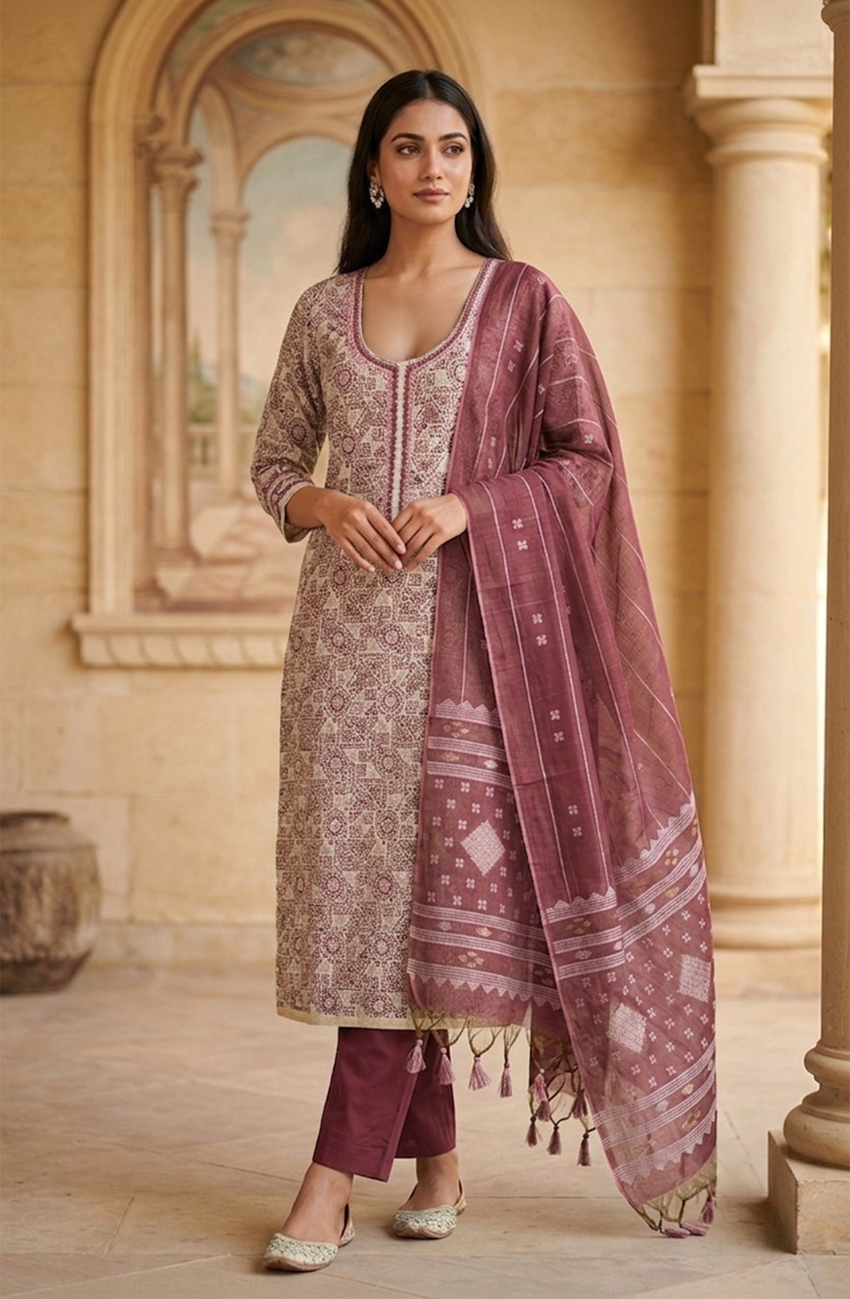 Wine Chanderi Unstitched Suit Set with Beautiful Dupatta - 986-KFS90B