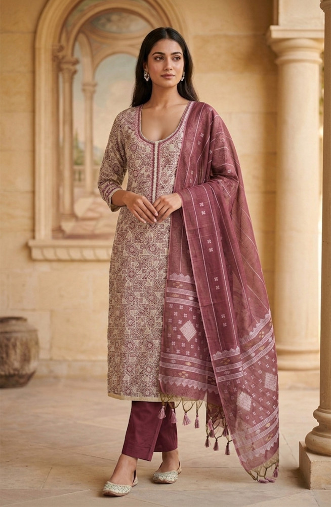 Image of Wine Chanderi Unstitched Suit Set with Beautiful Dupatta - 986-KFS90B