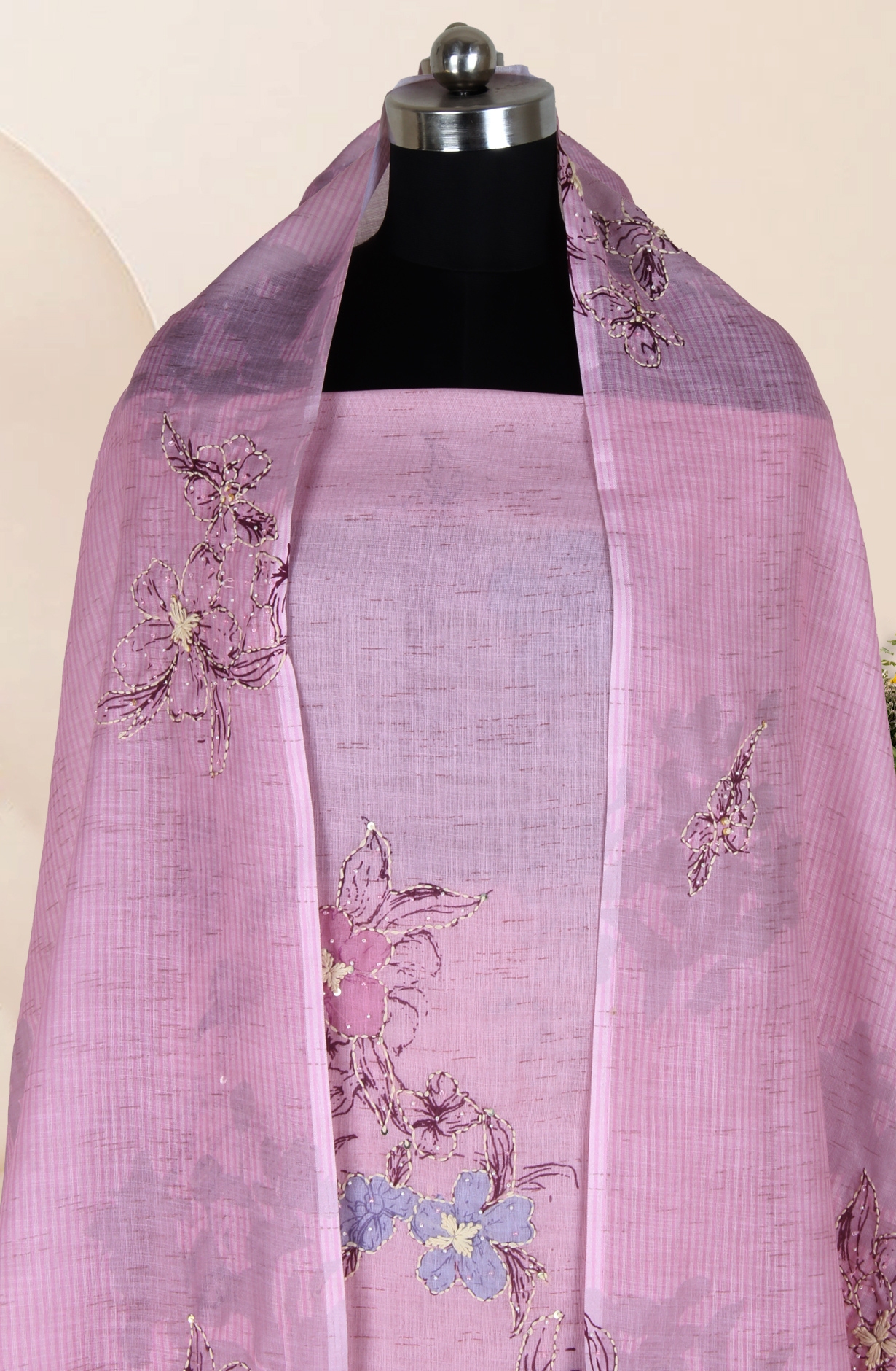 Pink Linen Kantha Work Salwar Suit with Trendy Dupatta - 986-VTA292