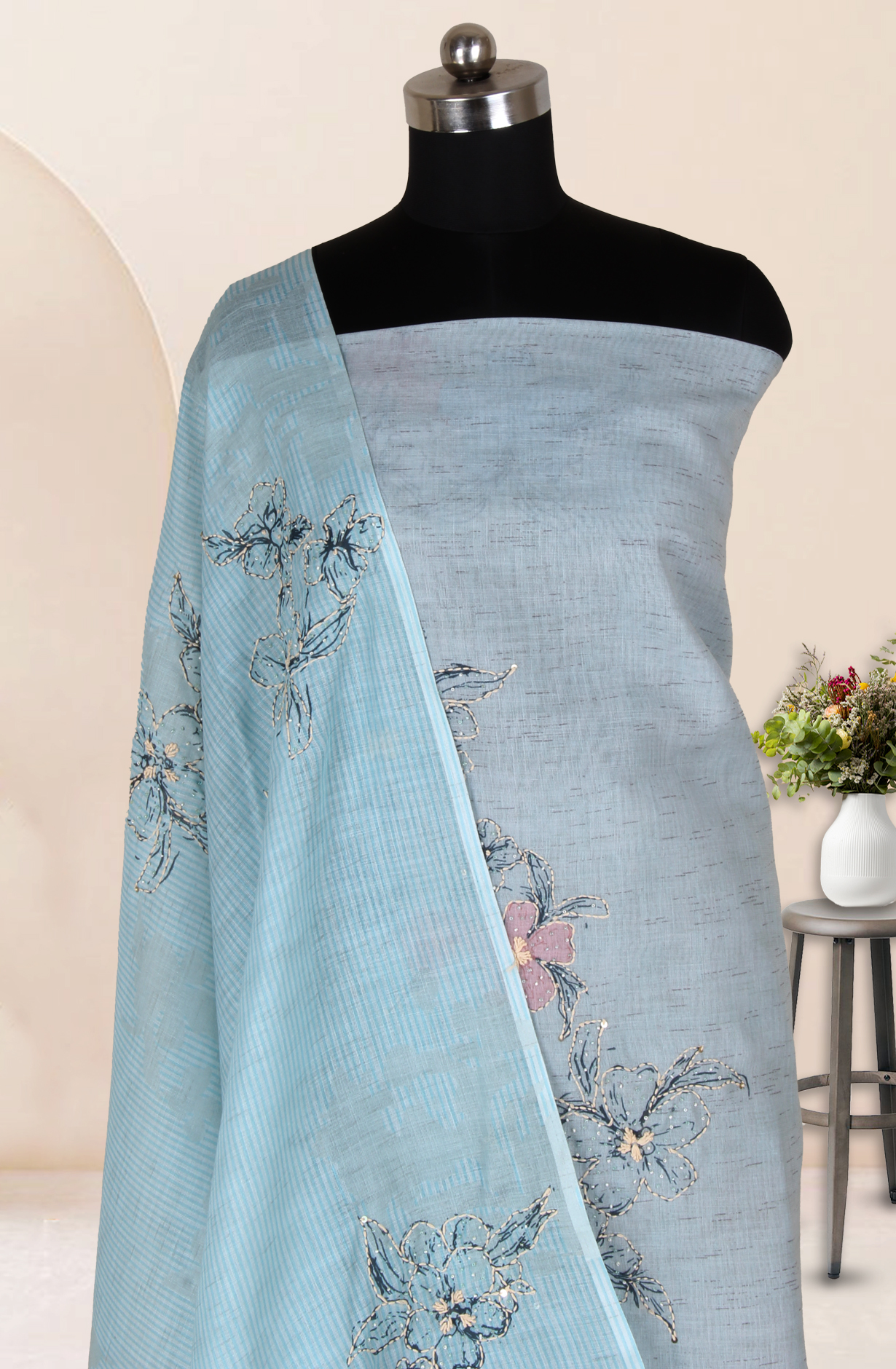 Sea Green Linen Kantha Work Salwar Suit with Trendy Dupatta - 986-VTA292A