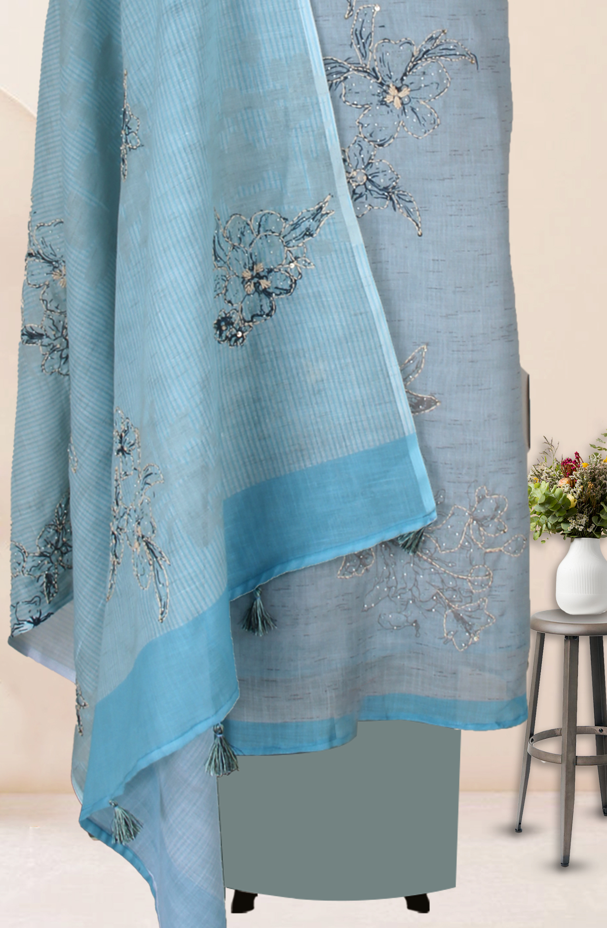Sea Green Linen Kantha Work Salwar Suit with Trendy Dupatta - 986-VTA292A