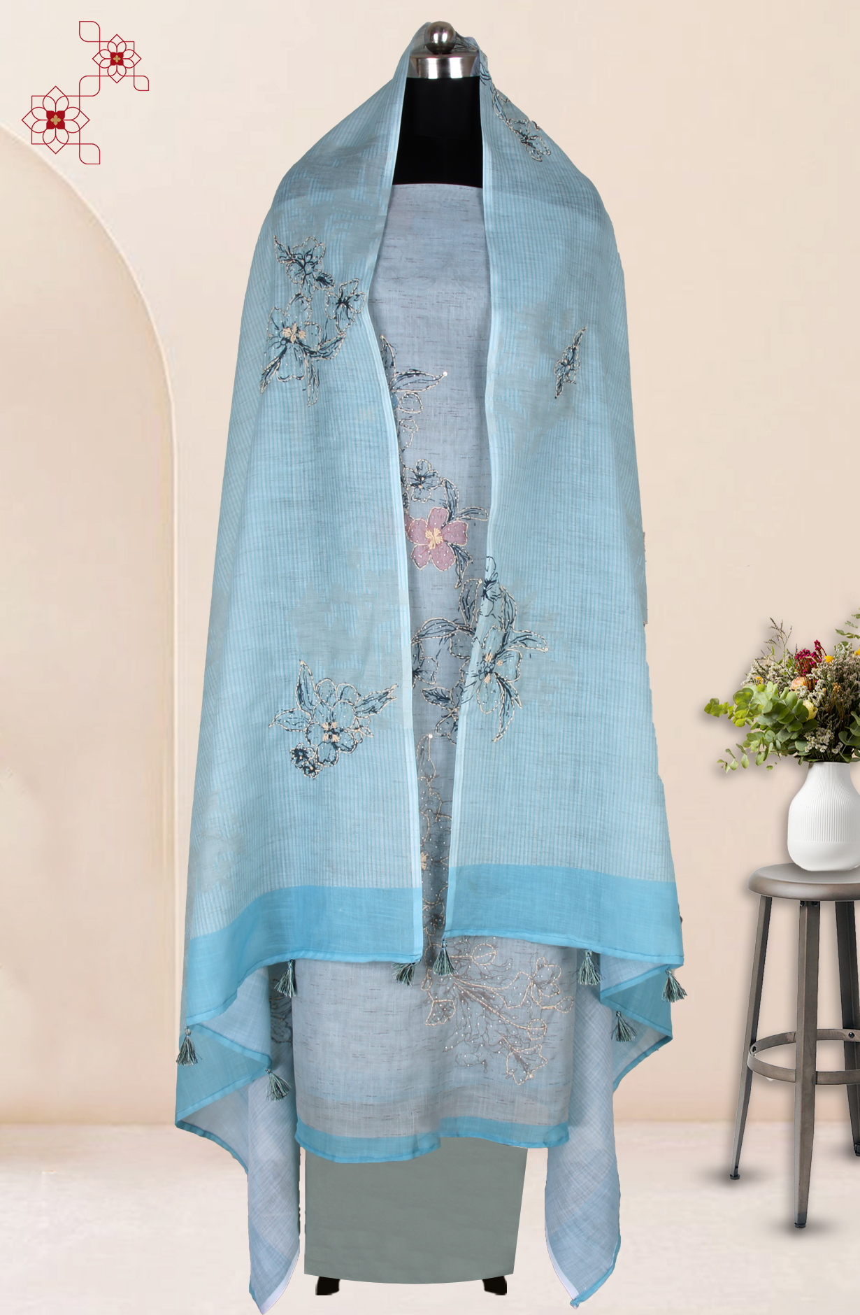 Sea Green Linen Kantha Work Salwar Suit with Trendy Dupatta - 986-VTA292A