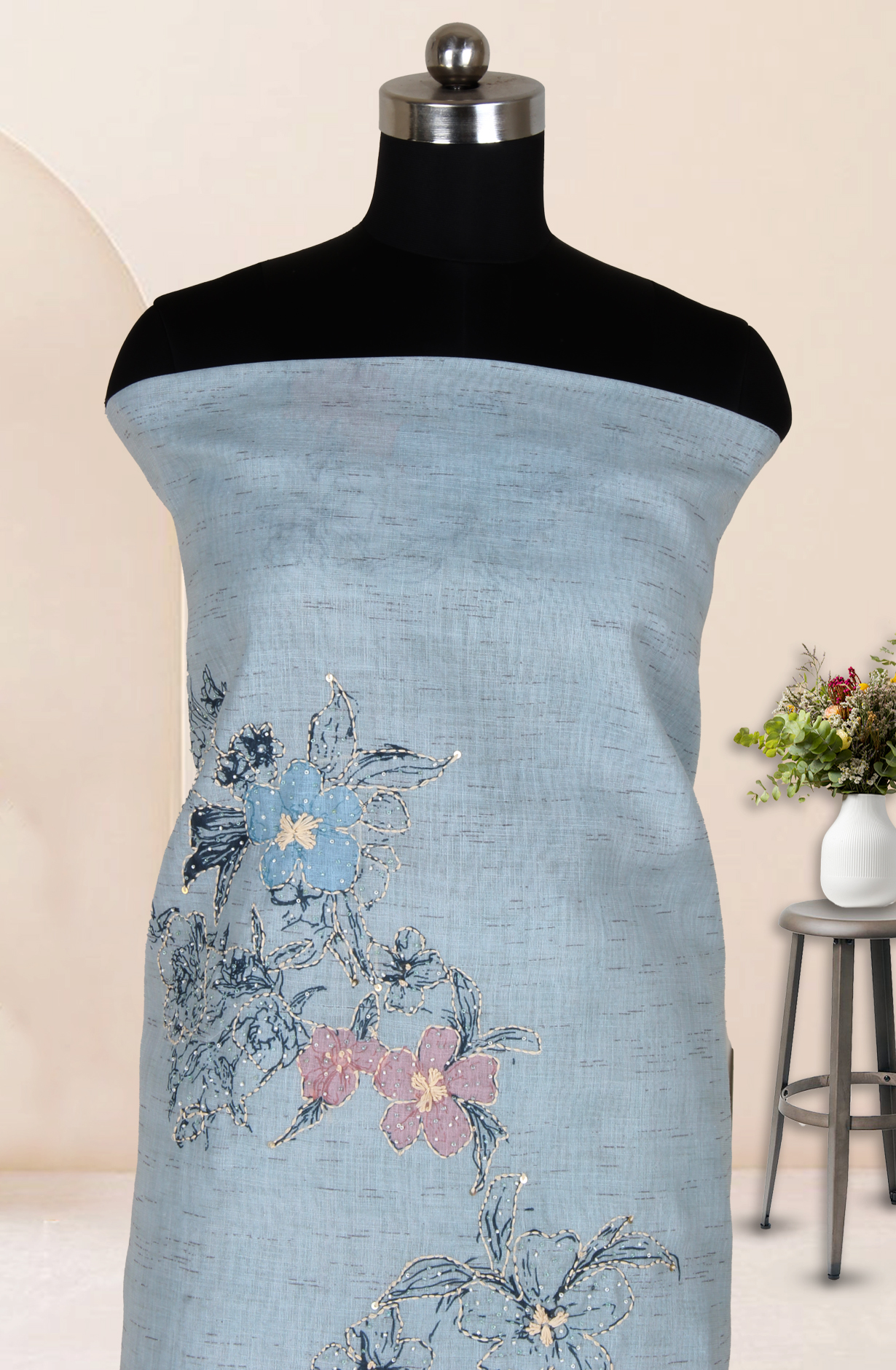 Sea Green Linen Kantha Work Salwar Suit with Trendy Dupatta - 986-VTA292A