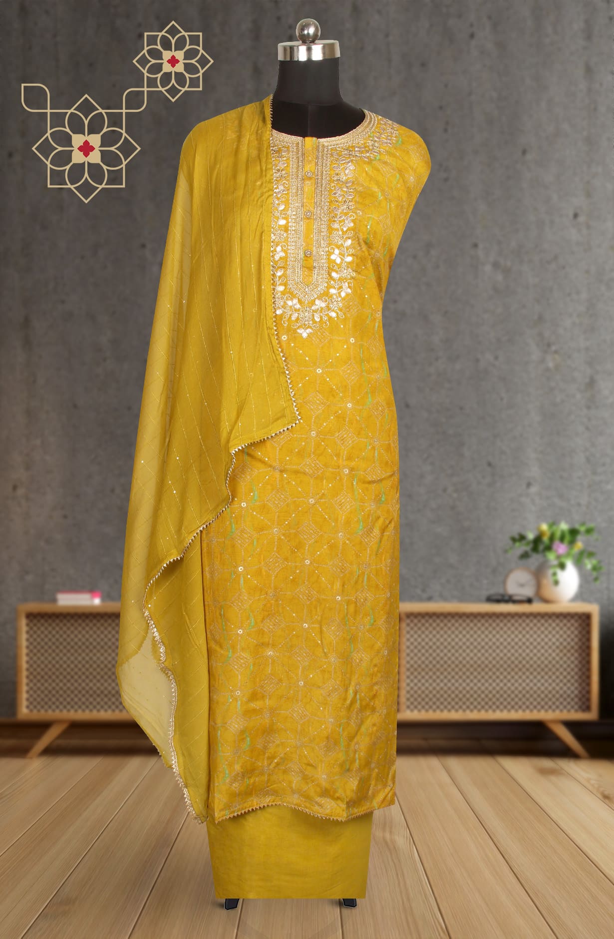 Mustard Modal Unstitched Suit-set with Chiffon Dupatta - 993-14932