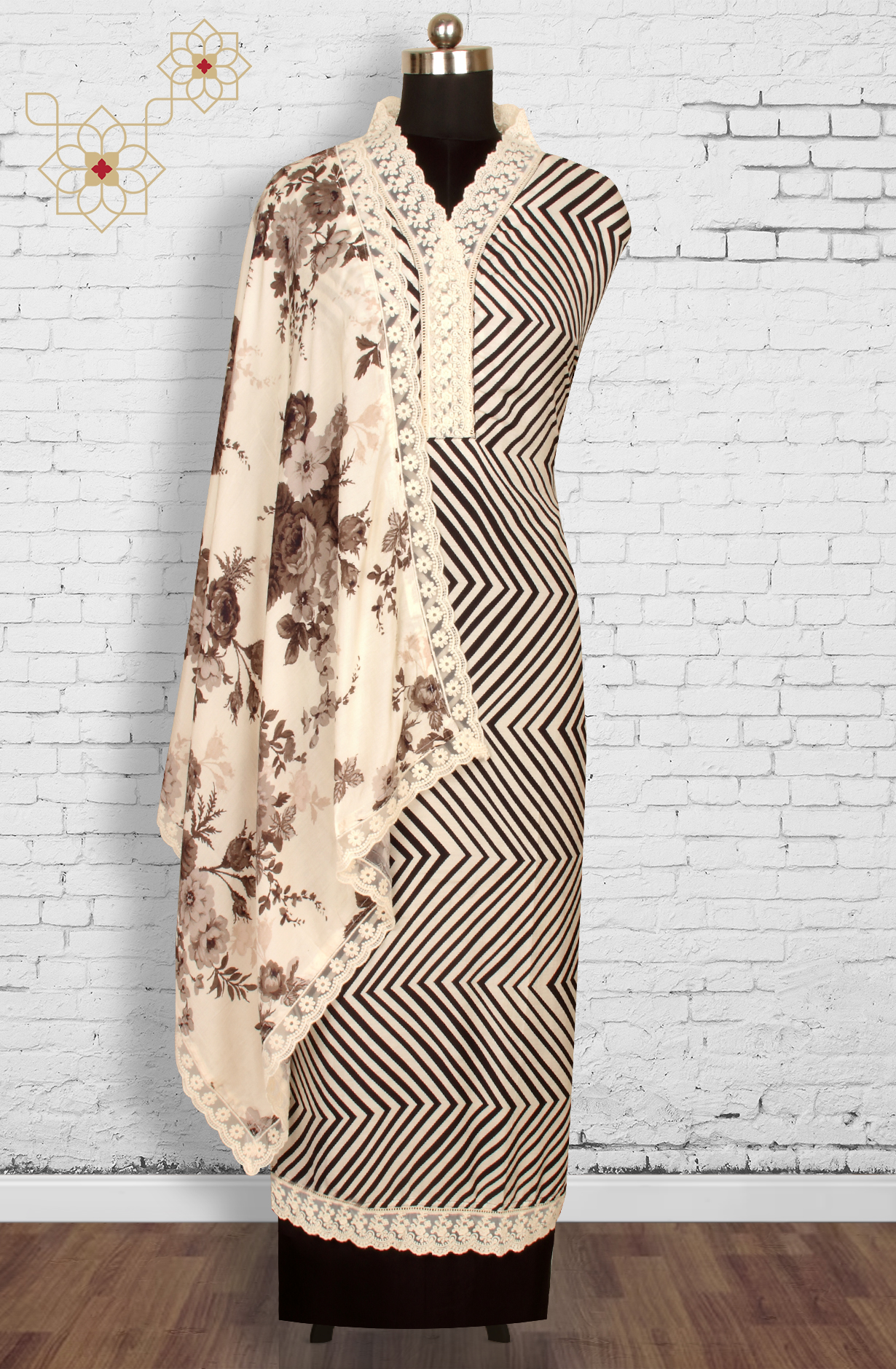 Cream and Black Muslin Salwar Suit with Trendy Dupatta - 993-15856