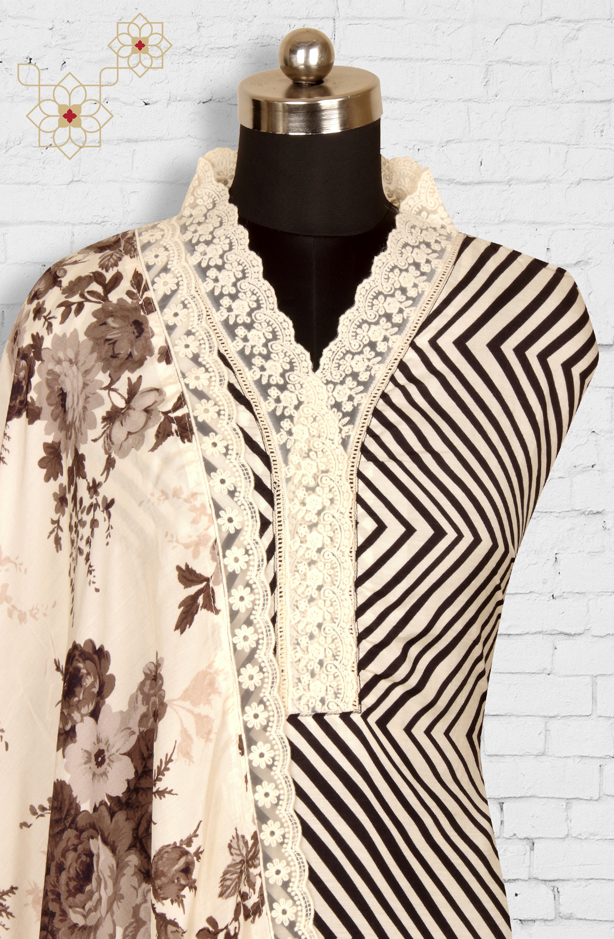 Cream and Black Muslin Salwar Suit with Trendy Dupatta - 993-15856