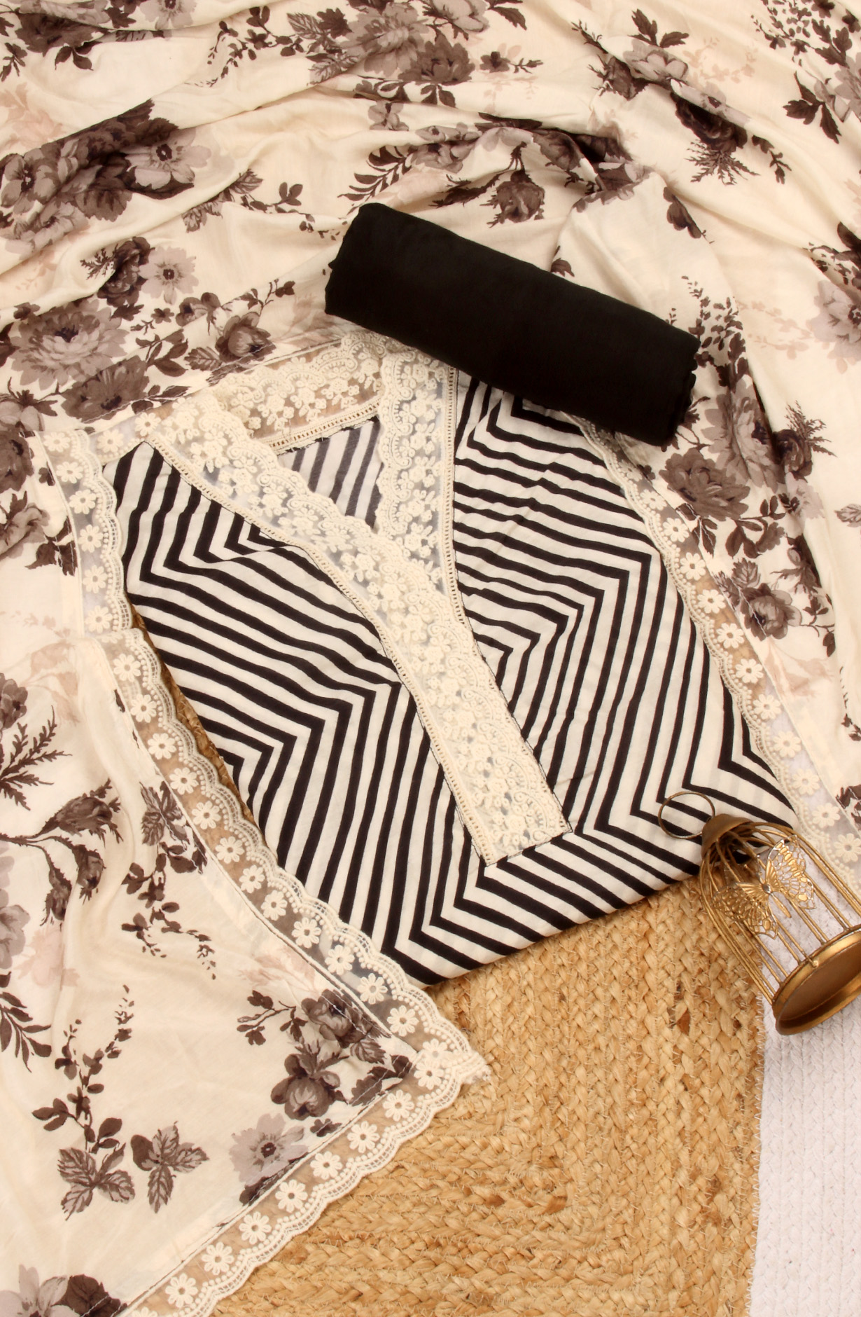 Cream and Black Muslin Salwar Suit with Trendy Dupatta - 993-15856