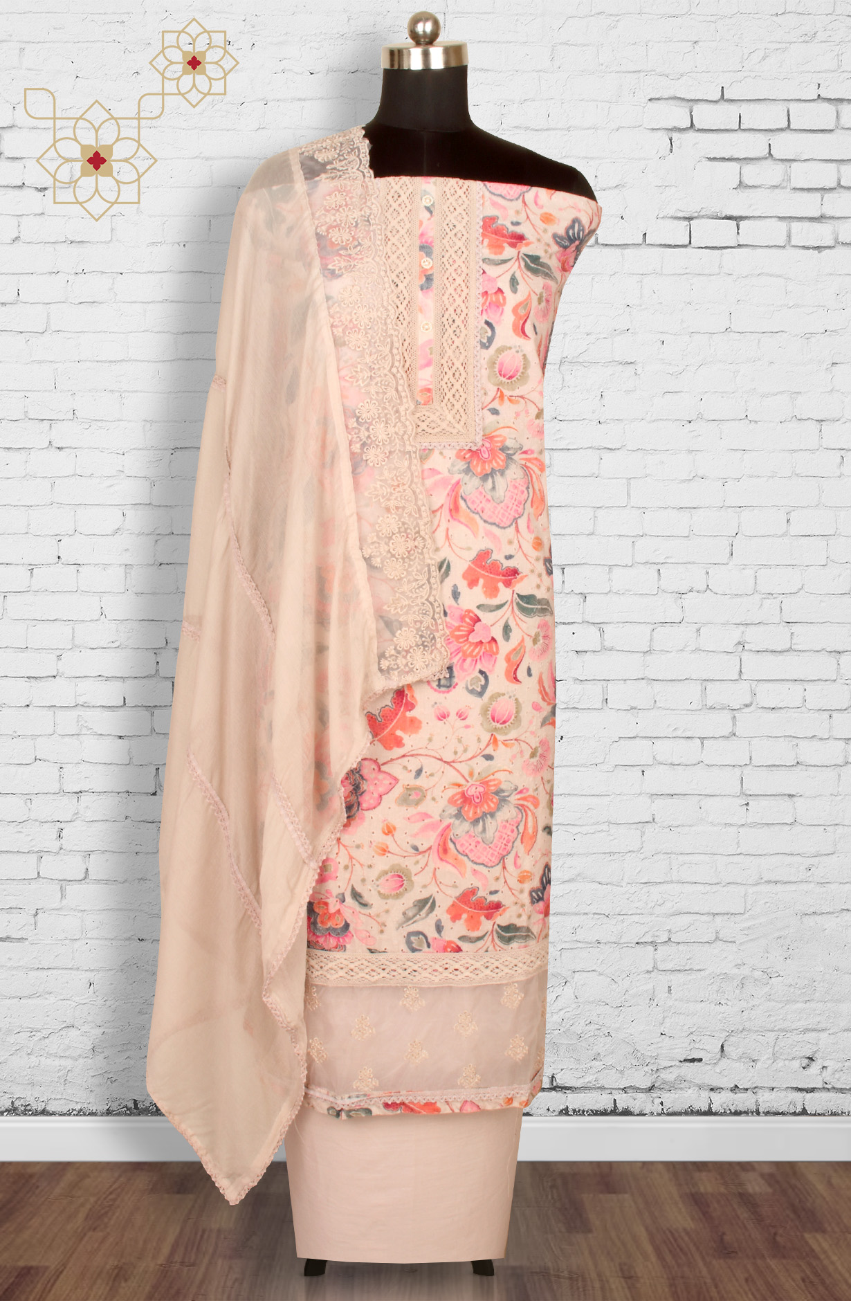 Multi-coloured Cotton Beautiful Lacework Salwar Suit with Chiffon Dupatta - 993-15863