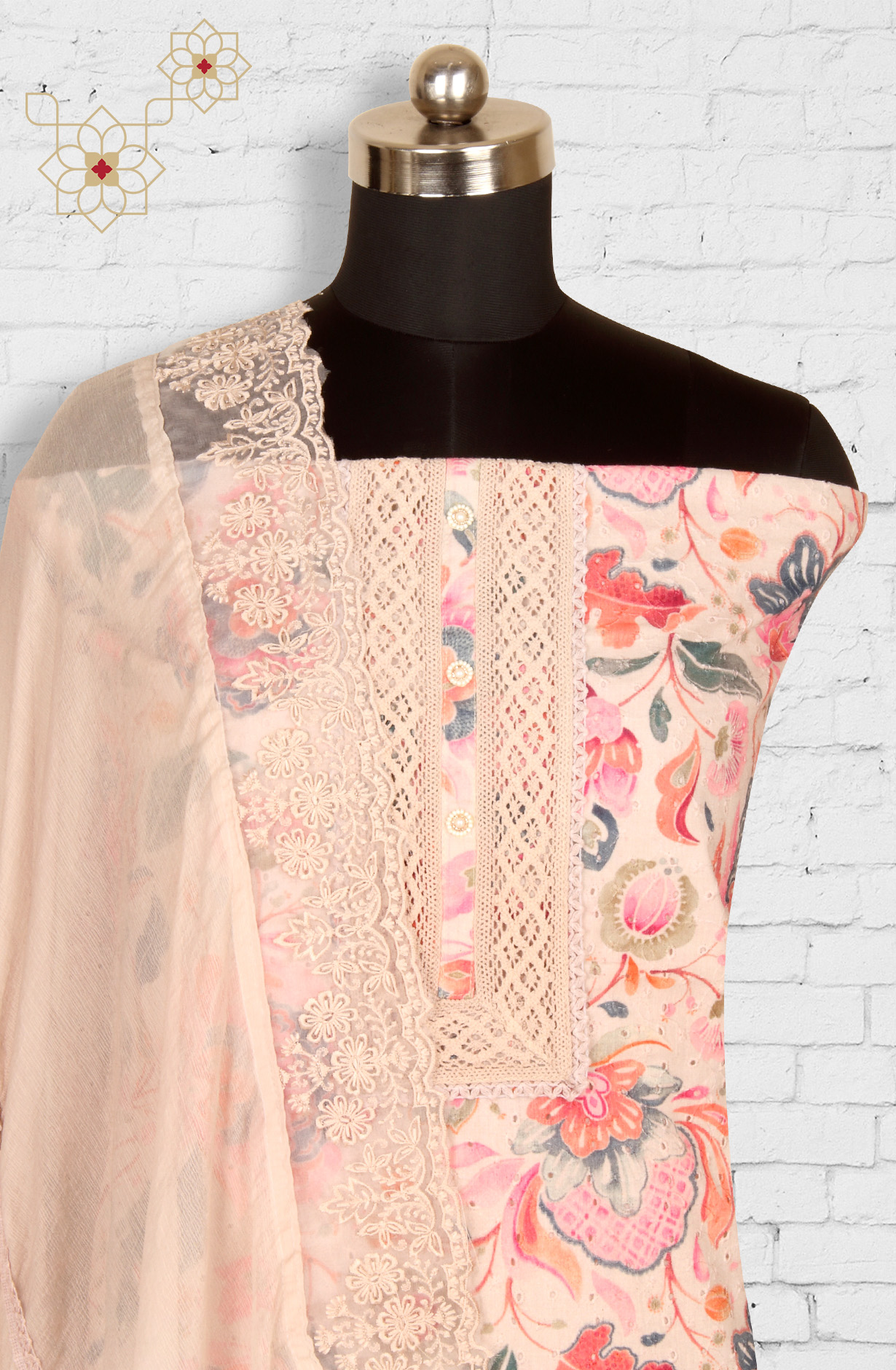 Multi-coloured Cotton Beautiful Lacework Salwar Suit with Chiffon Dupatta - 993-15863