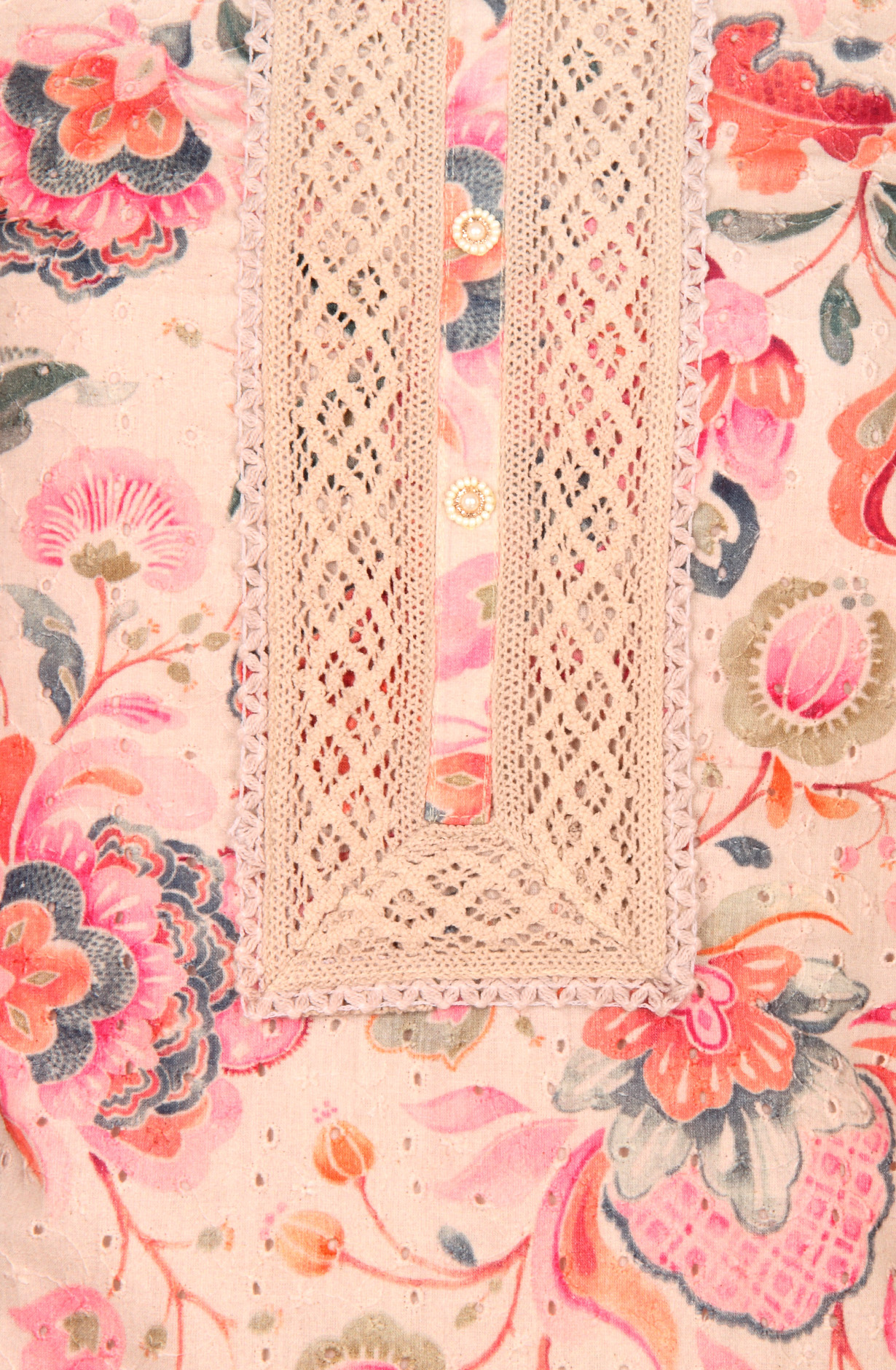 Multi-coloured Cotton Beautiful Lacework Salwar Suit with Chiffon Dupatta - 993-15863