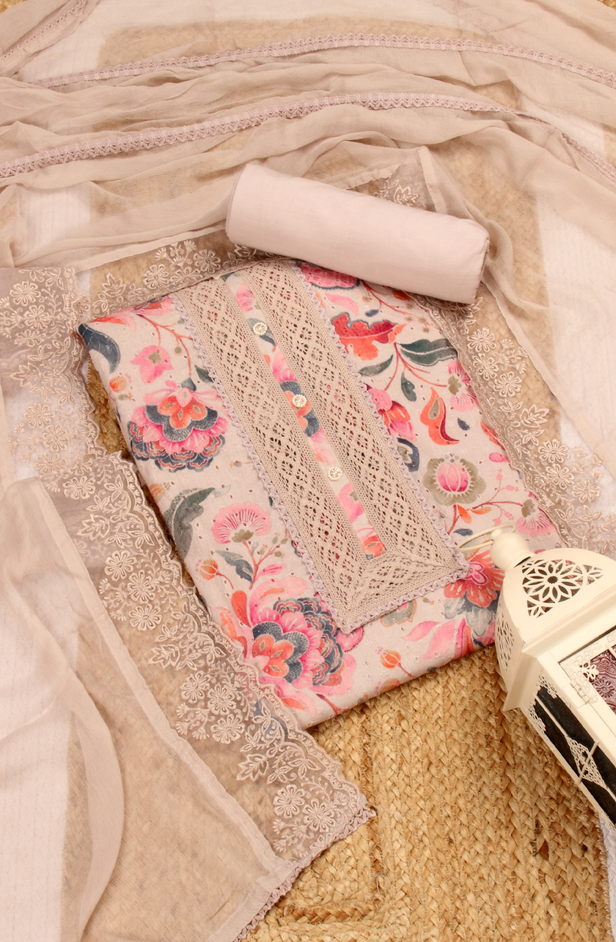 Multi-coloured Cotton Beautiful Lacework Salwar Suit with Chiffon Dupatta - 993-15863