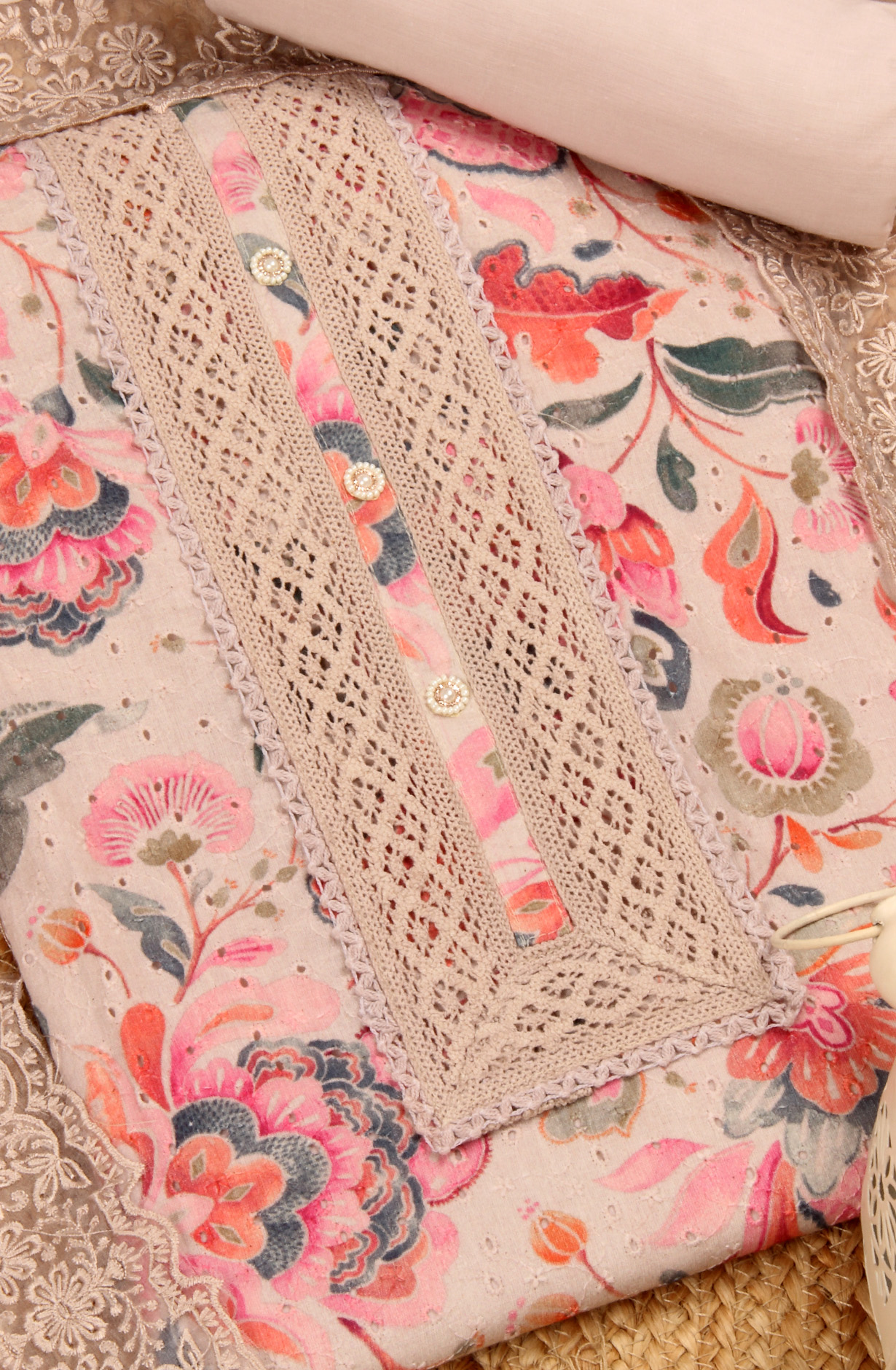 Multi-coloured Cotton Beautiful Lacework Salwar Suit with Chiffon Dupatta - 993-15863