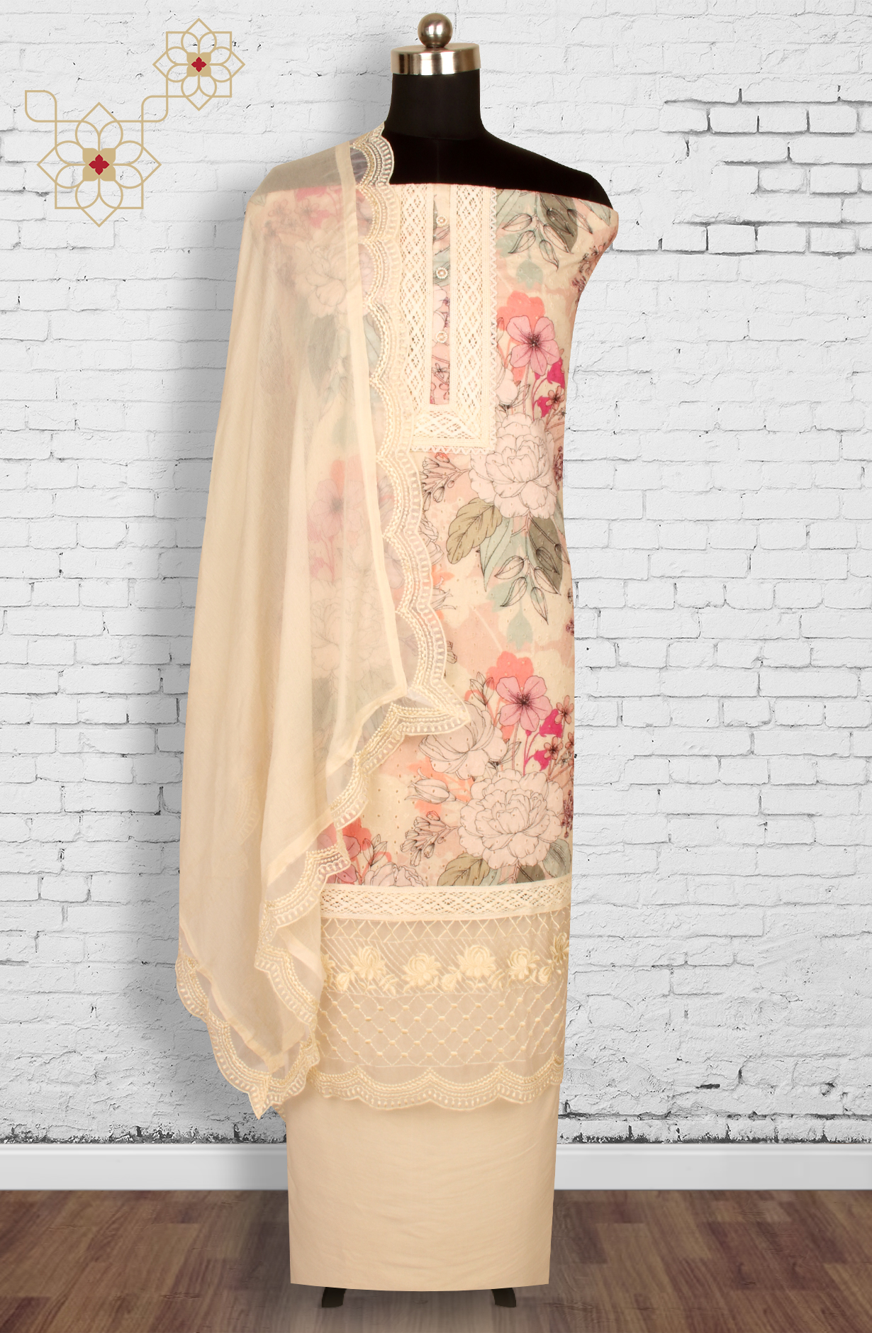 Cream Cotton Beautiful Lacework Salwar Suit with Chiffon Dupatta - 993-15932