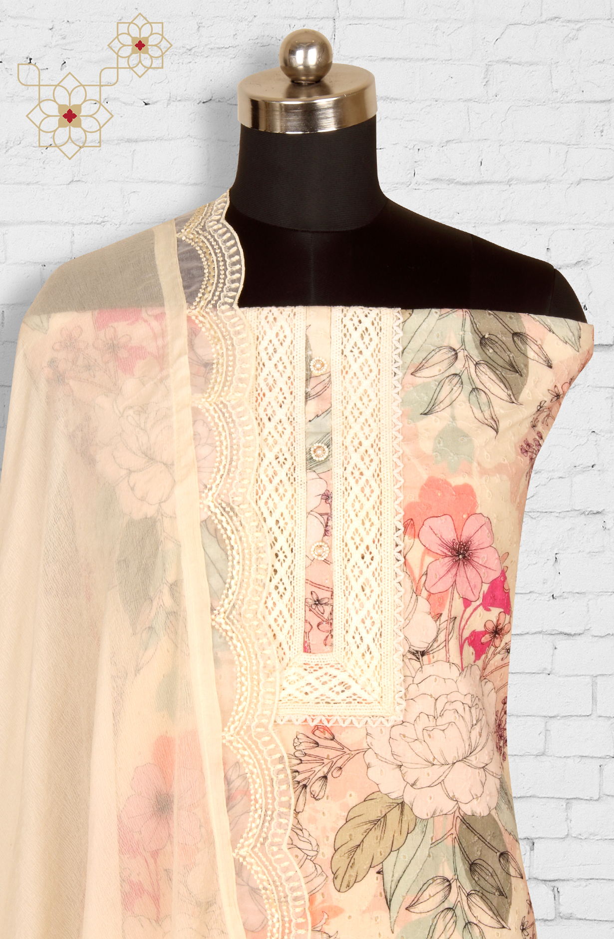 Cream Cotton Beautiful Lacework Salwar Suit with Chiffon Dupatta - 993-15932